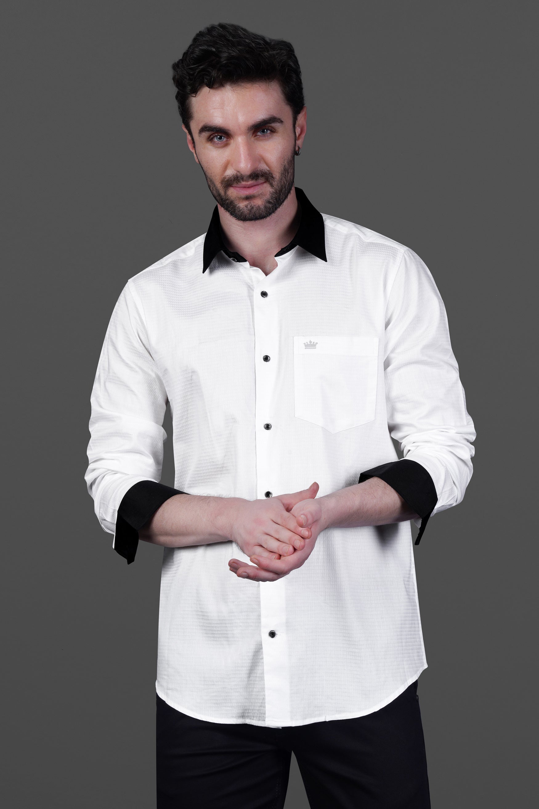 Bright White with Black Cuffs and Collar Dobby Textured Premium Giza Cotton Shirt