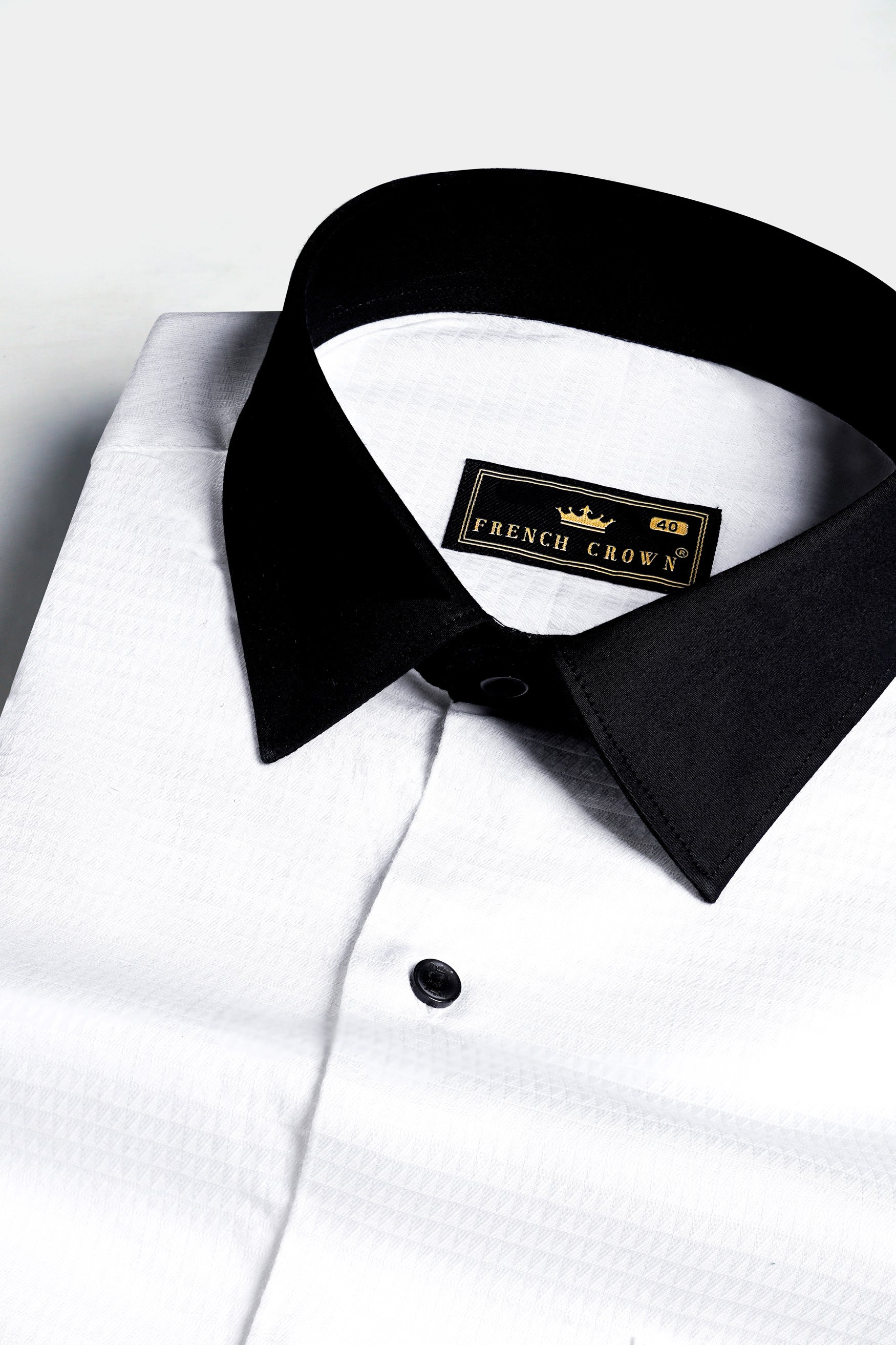 Bright White with Black Cuffs and Collar Dobby Textured Premium Giza Cotton Shirt