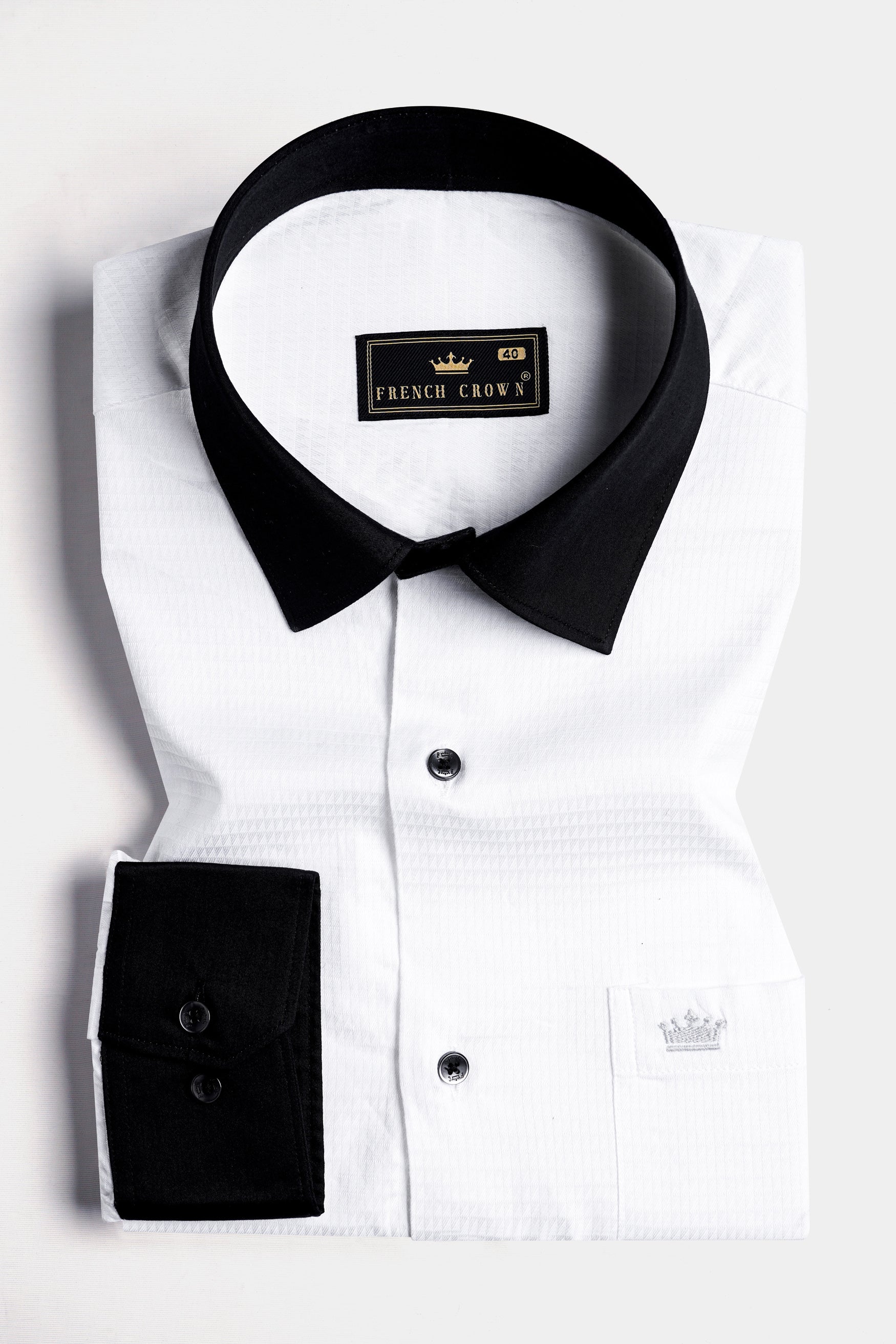 Bright White with Black Cuffs and Collar Dobby Textured Premium Giza Cotton Shirt