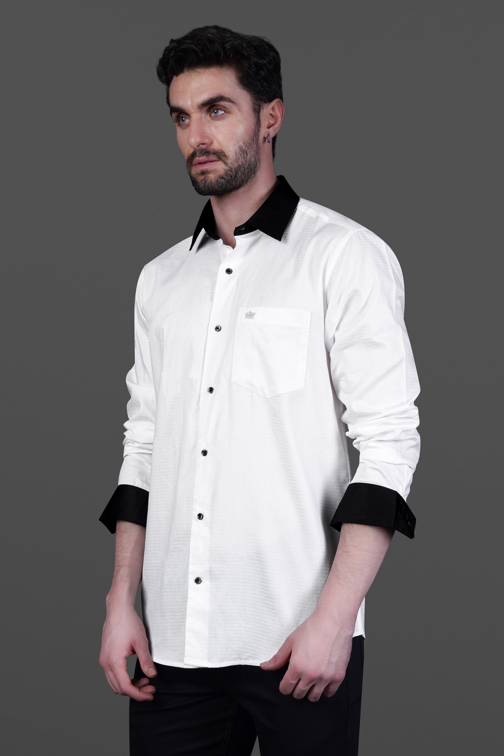 Bright White with Black Cuffs and Collar Dobby Textured Premium Giza Cotton Shirt