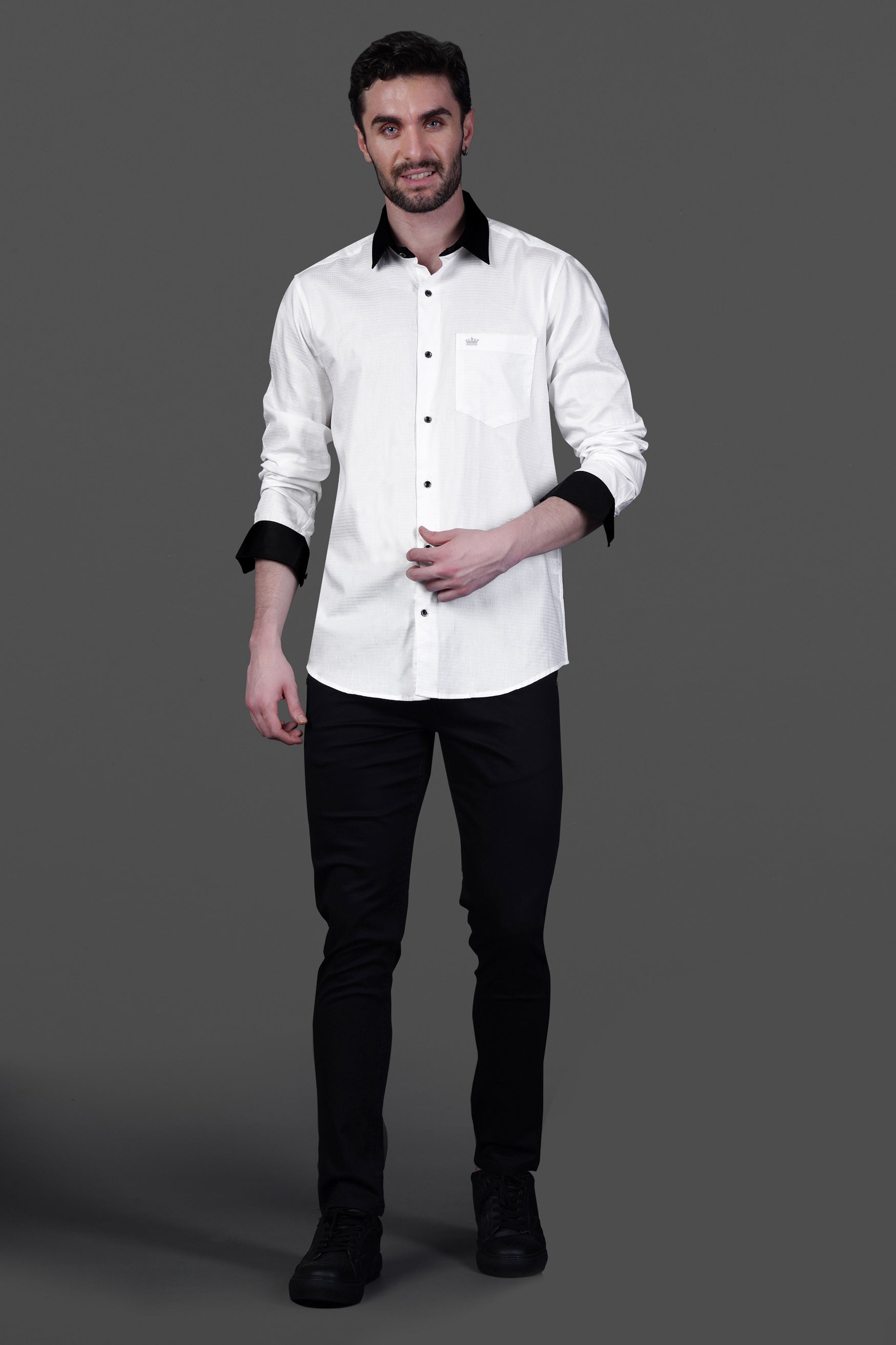 Bright White with Black Cuffs and Collar Dobby Textured Premium Giza Cotton Shirt