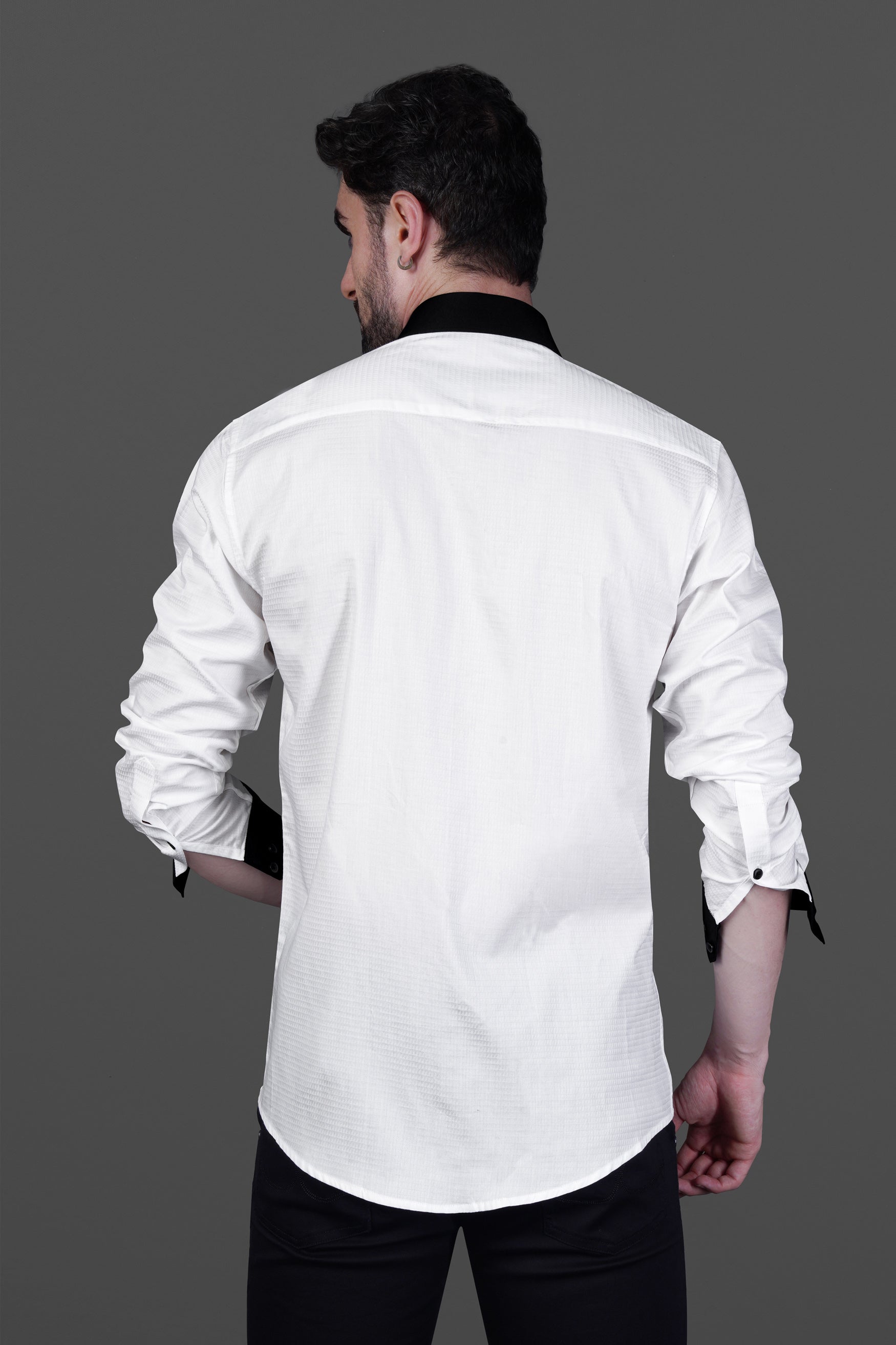 Bright White with Black Cuffs and Collar Dobby Textured Premium Giza Cotton Shirt