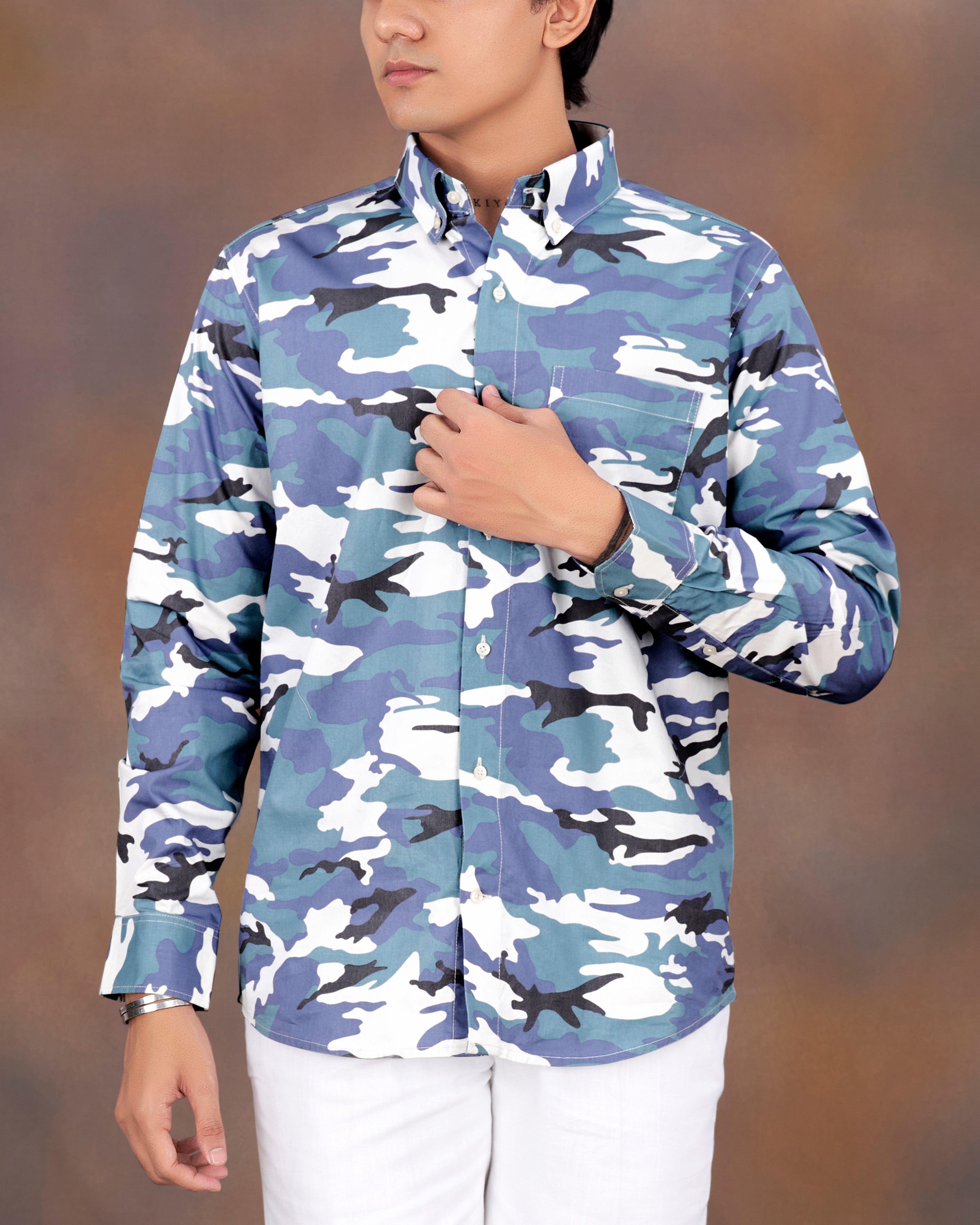 Cascade Blue with Mobster Blue Multicolour Camouflage Printed Royal Oxford Shirt