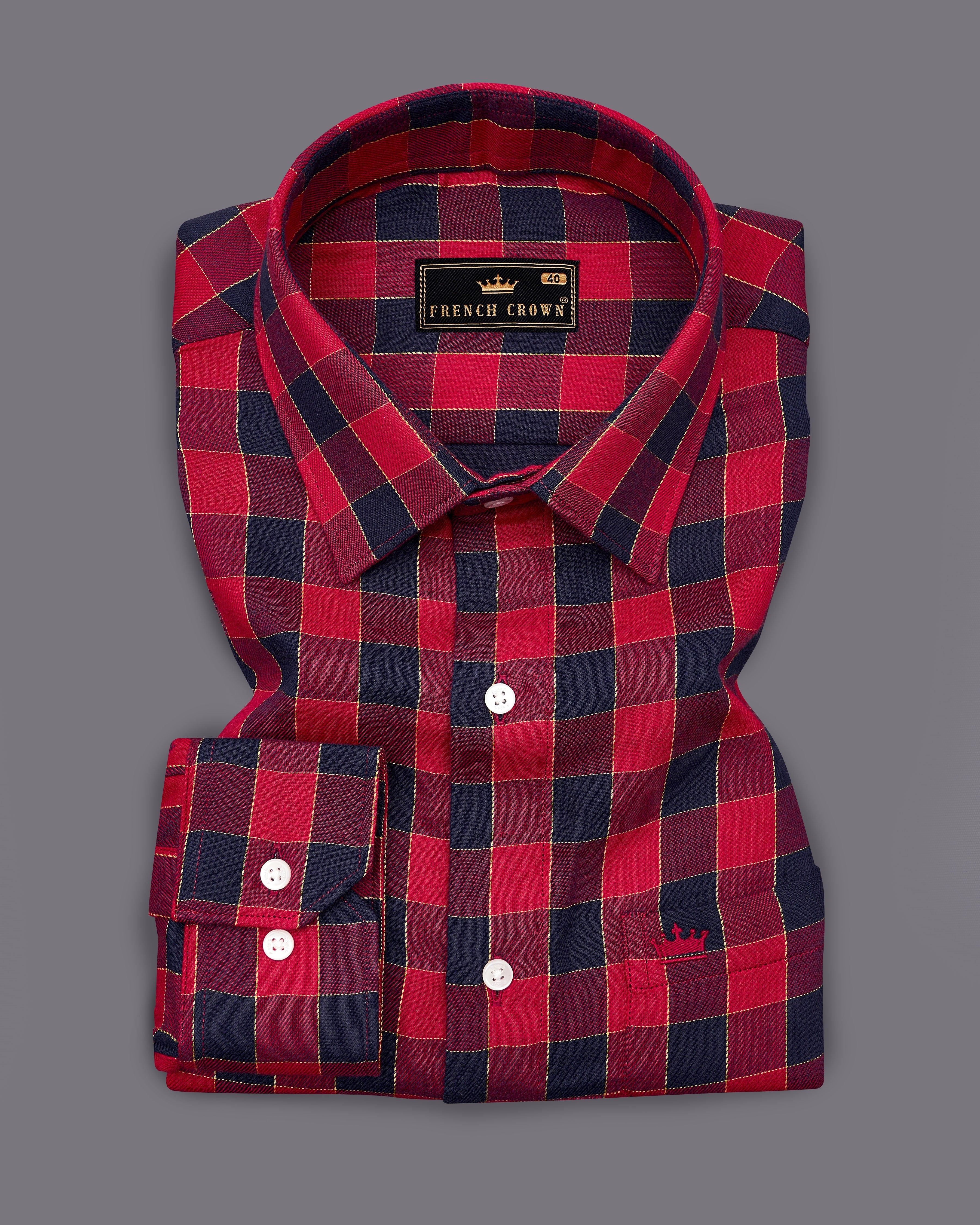 Carmine Red with Black Checked Twill Premium Cotton Shirt