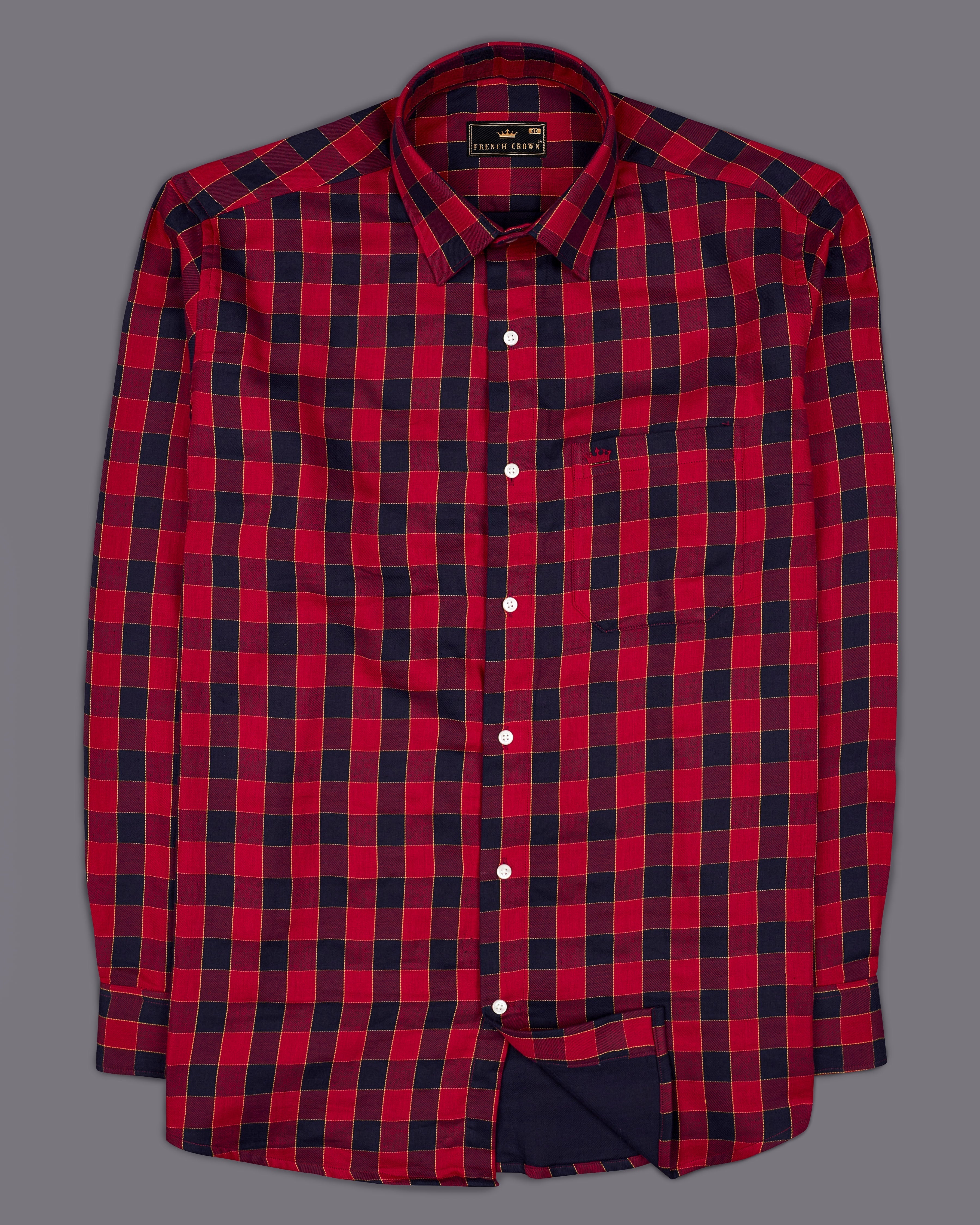 Carmine Red with Black Checked Twill Premium Cotton Shirt