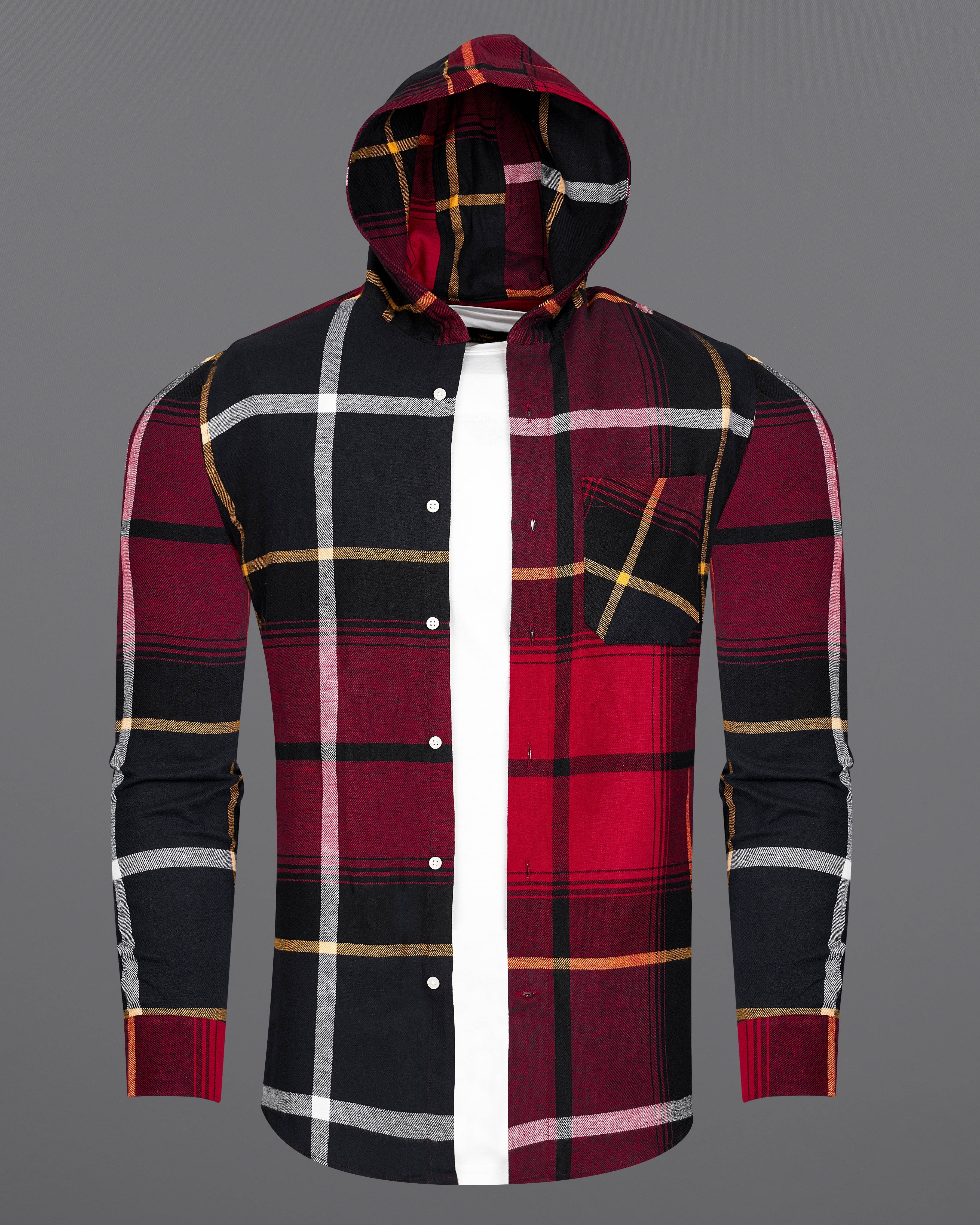 Merlot Red with Black Plaid Flannel Hoodie Shirt