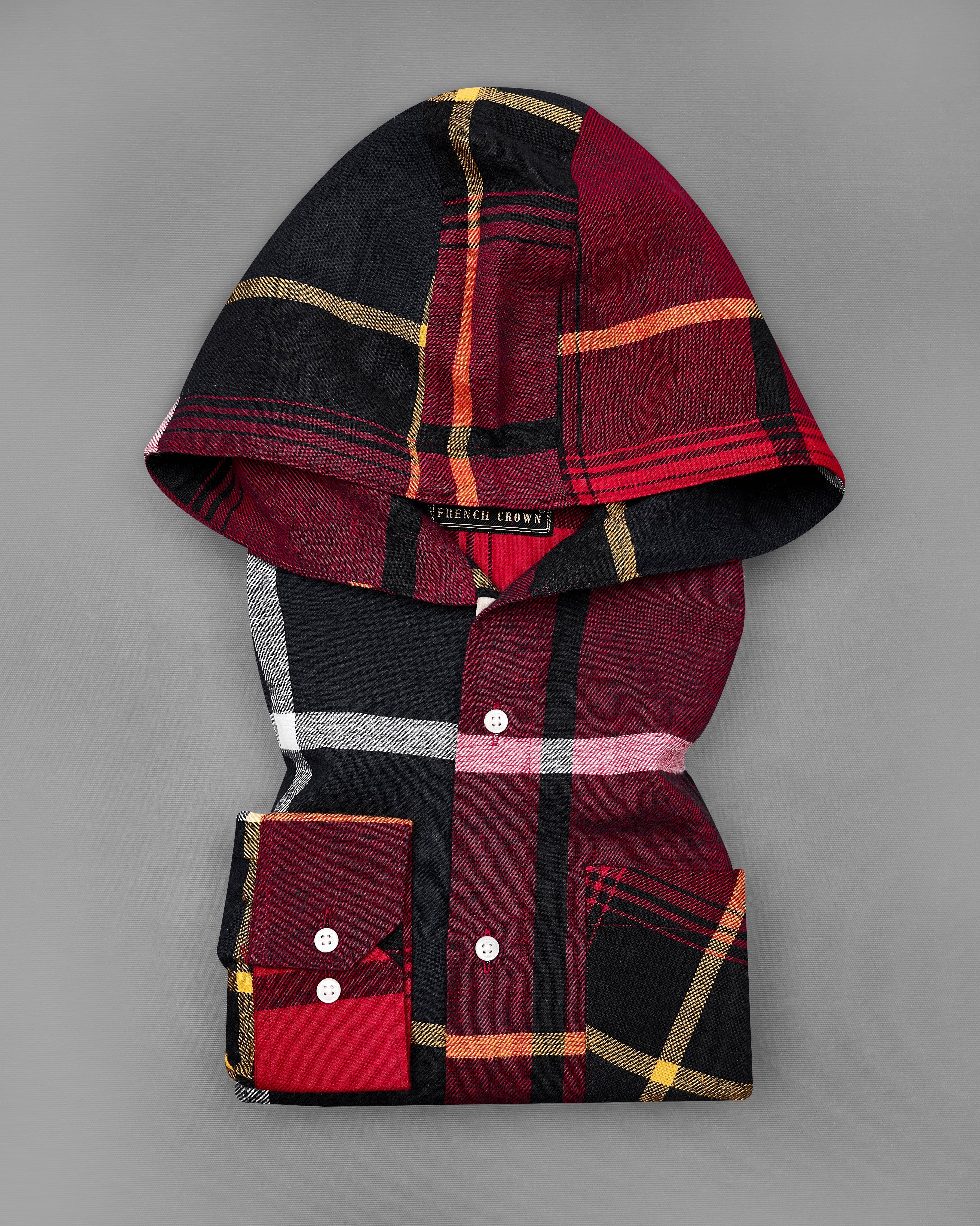 Merlot Red with Black Plaid Flannel Hoodie Shirt