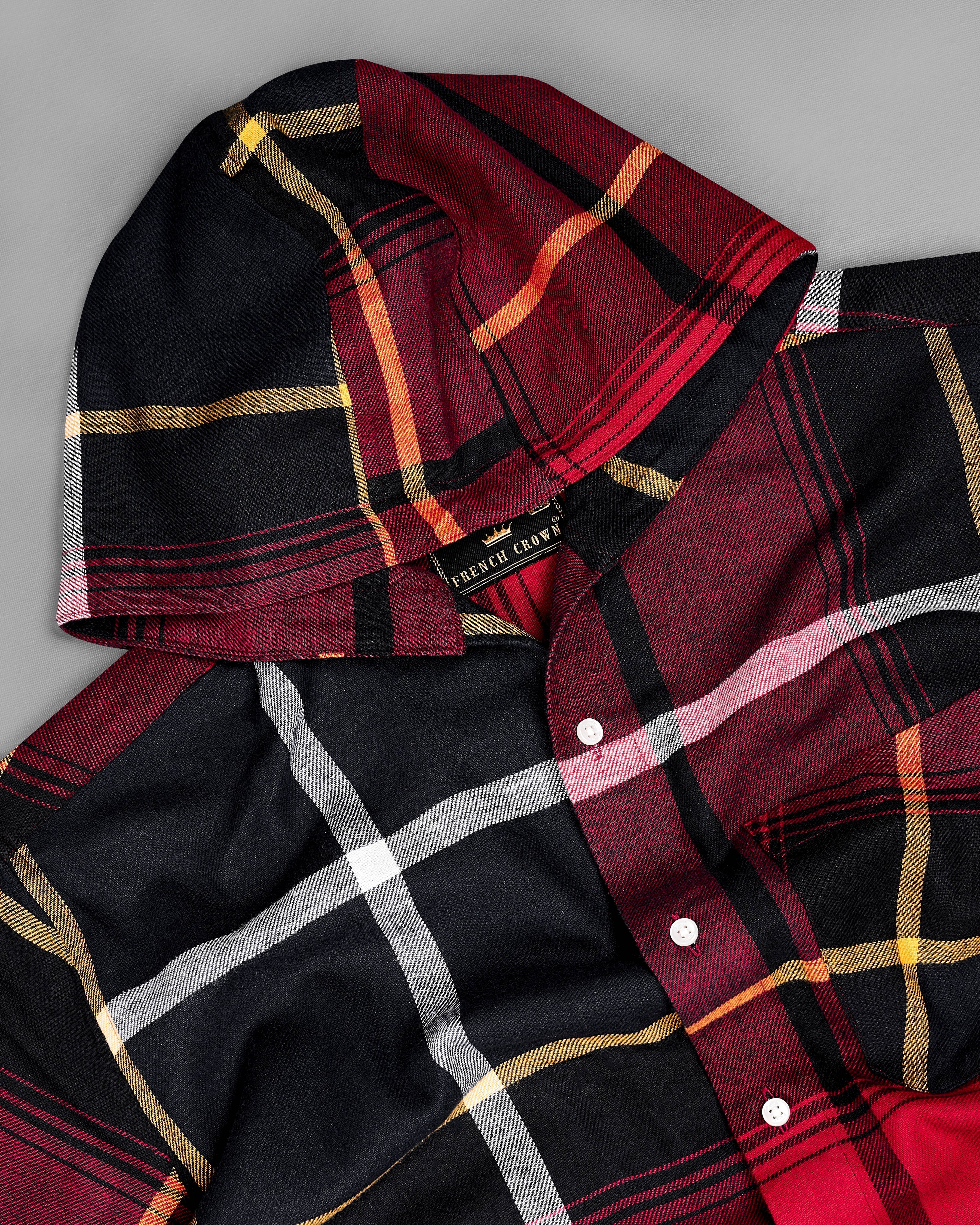 Merlot Red with Black Plaid Flannel Hoodie Shirt