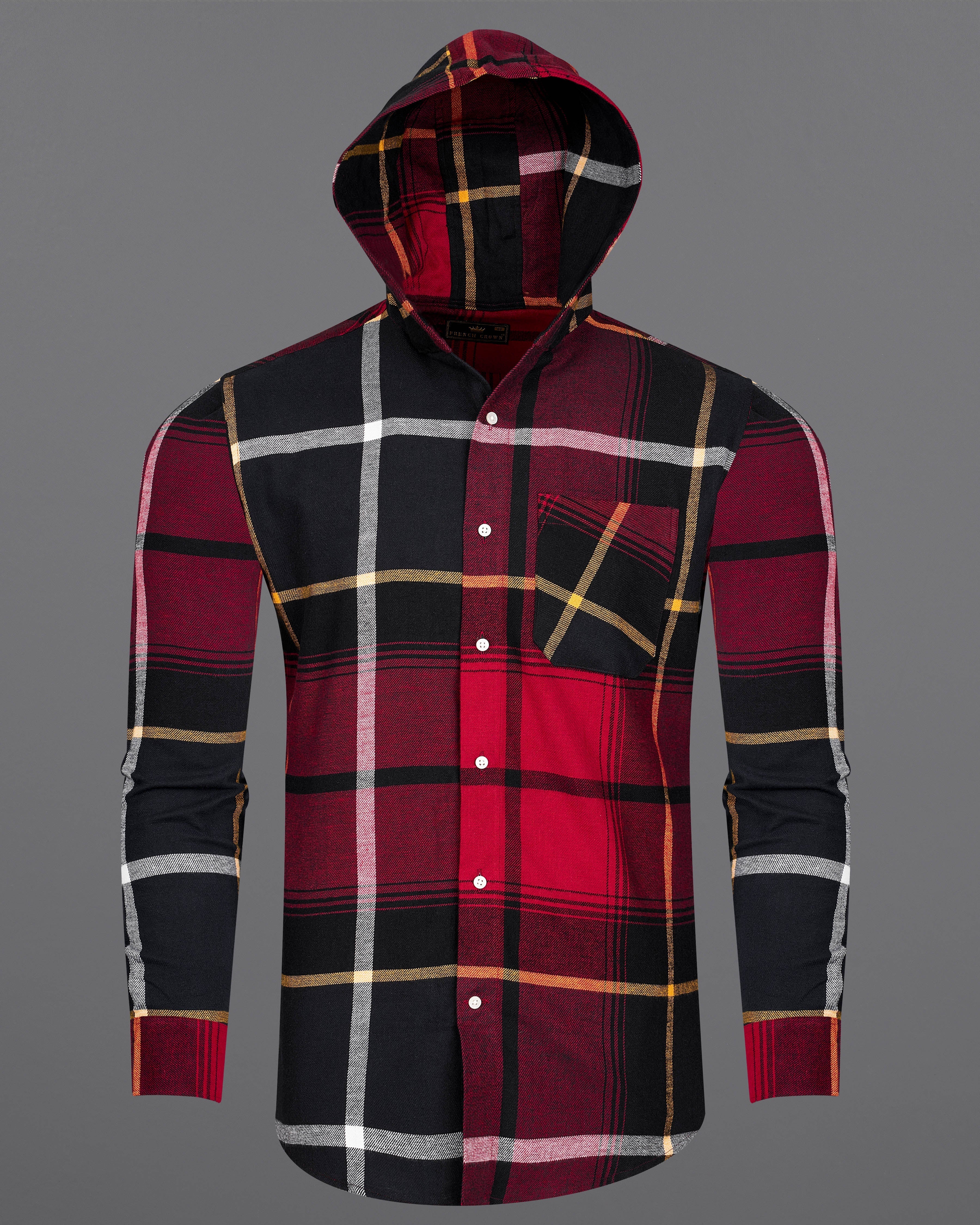 Merlot Red with Black Plaid Flannel Hoodie Shirt