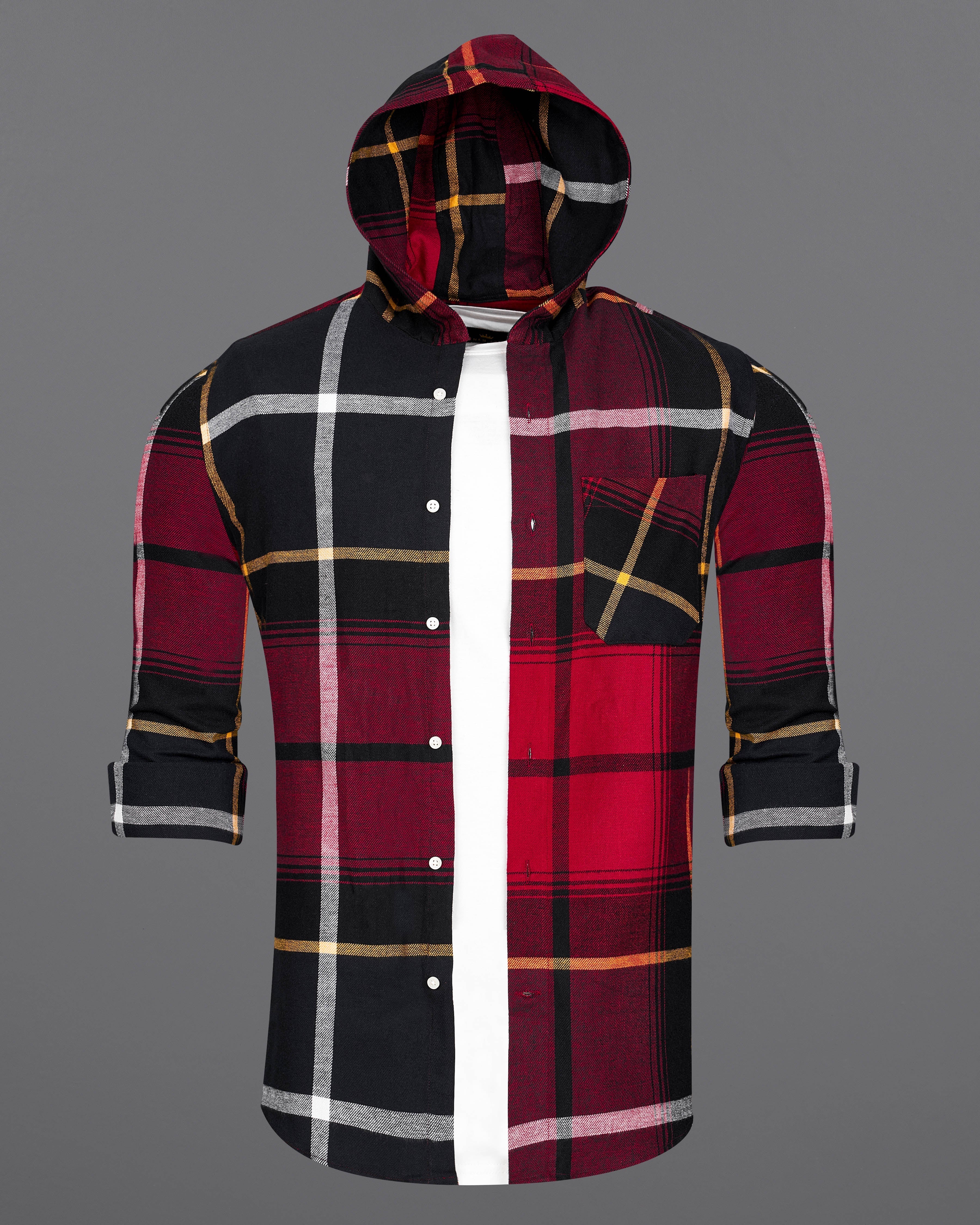 Merlot Red with Black Plaid Flannel Hoodie Shirt