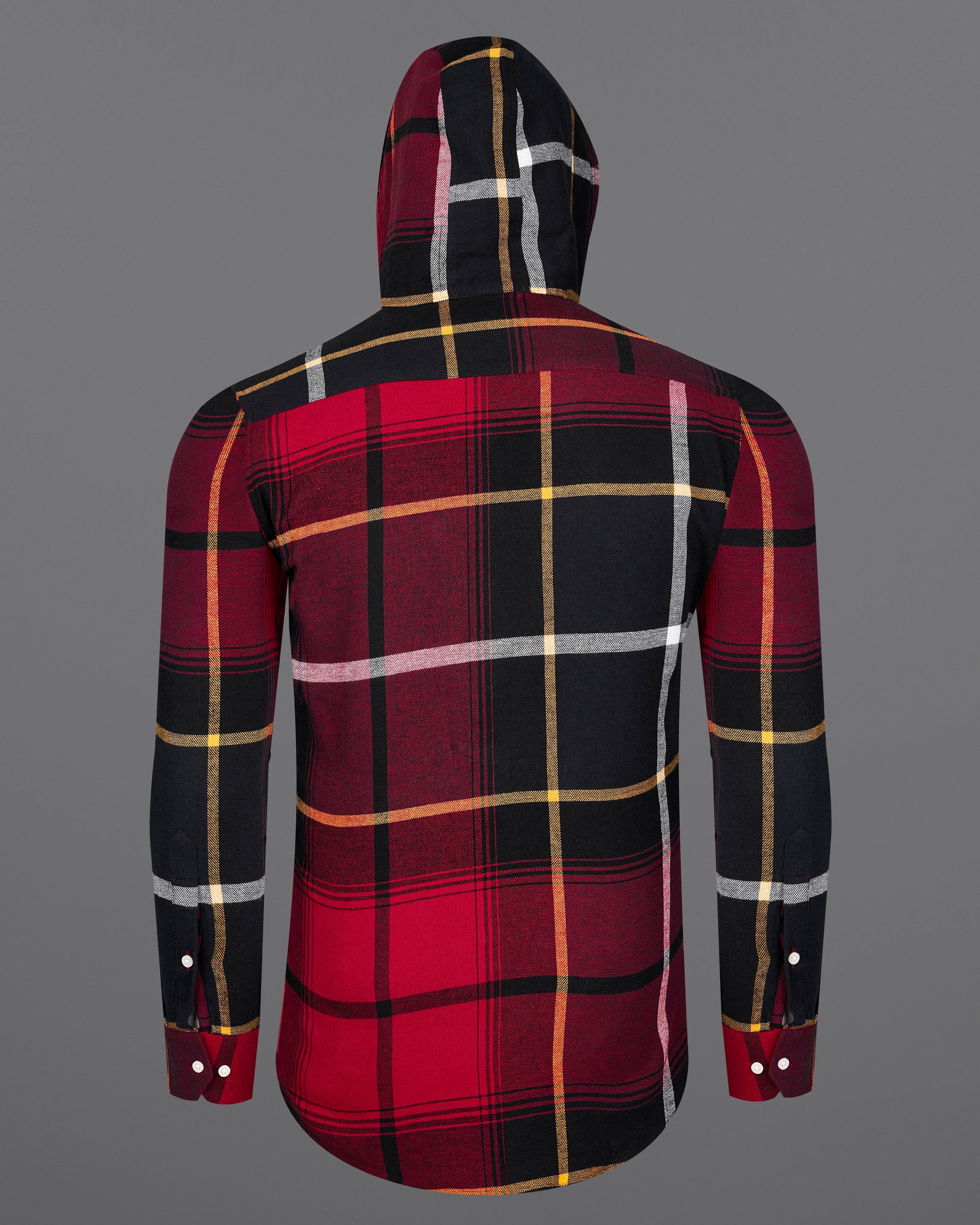 Merlot Red with Black Plaid Flannel Hoodie Shirt