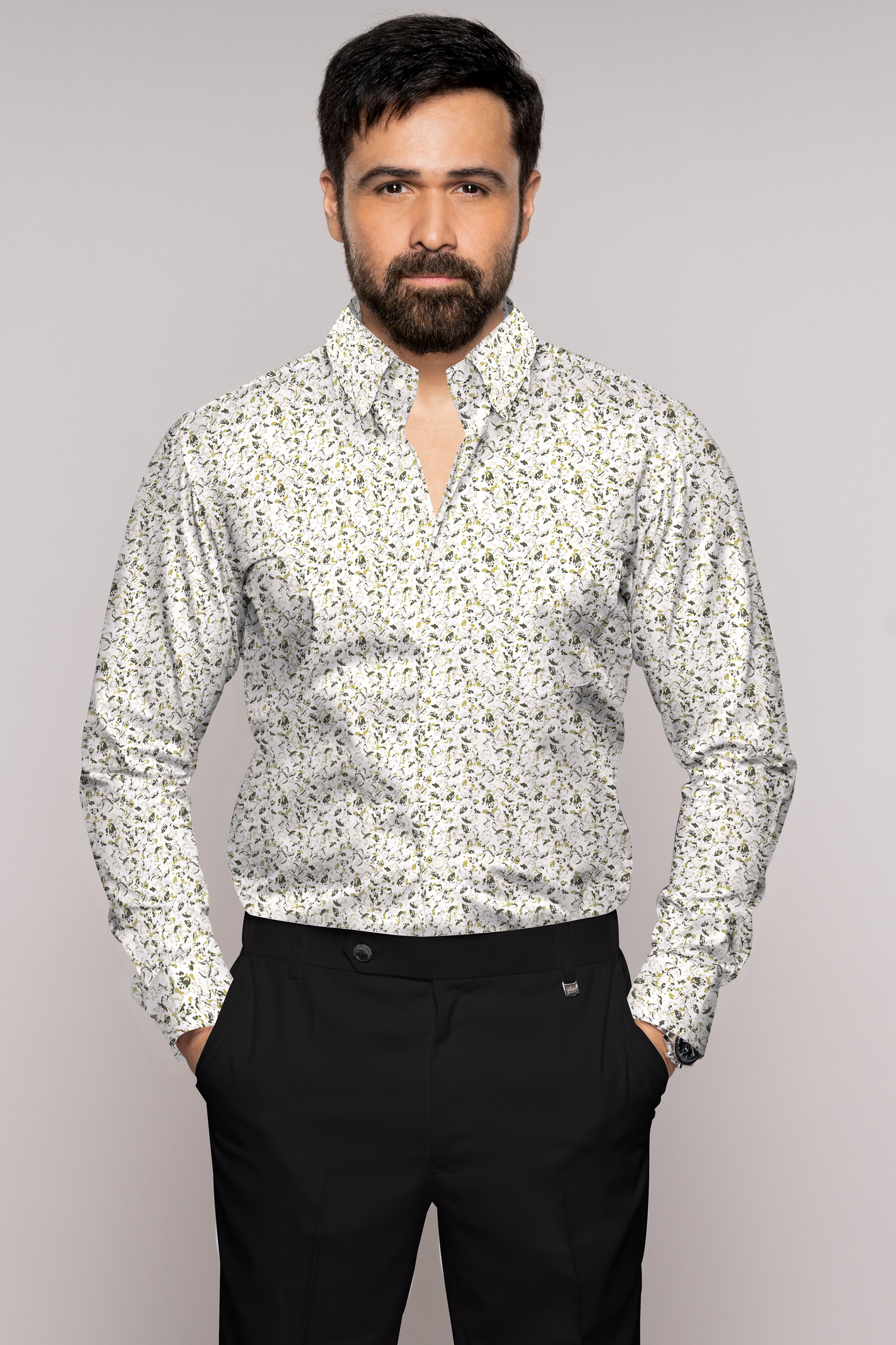 Bright White with Hemlock Green Ditsy Printed Royal Oxford Shirt