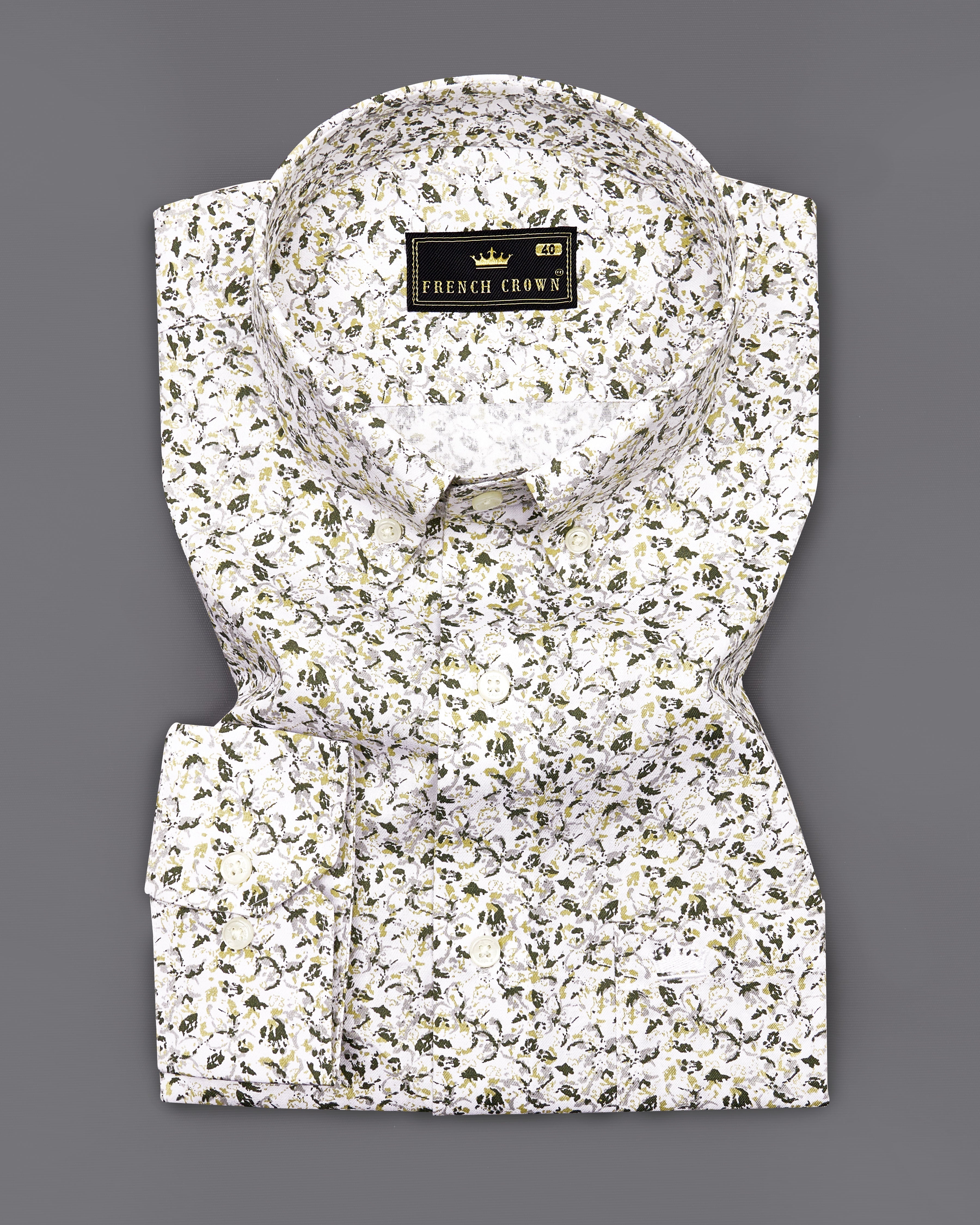 Bright White with Hemlock Green Ditsy Printed Royal Oxford Shirt