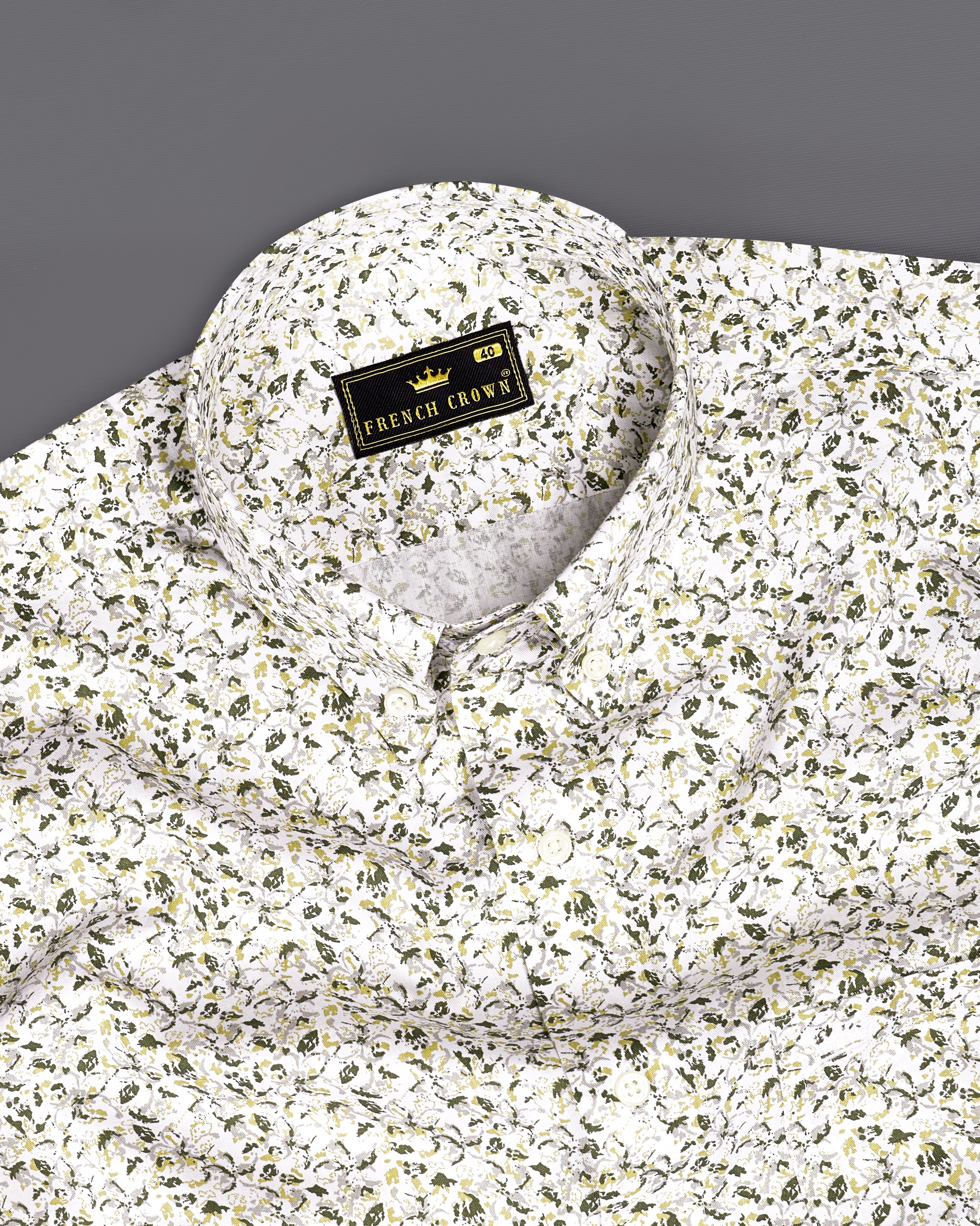 Bright White with Hemlock Green Ditsy Printed Royal Oxford Shirt