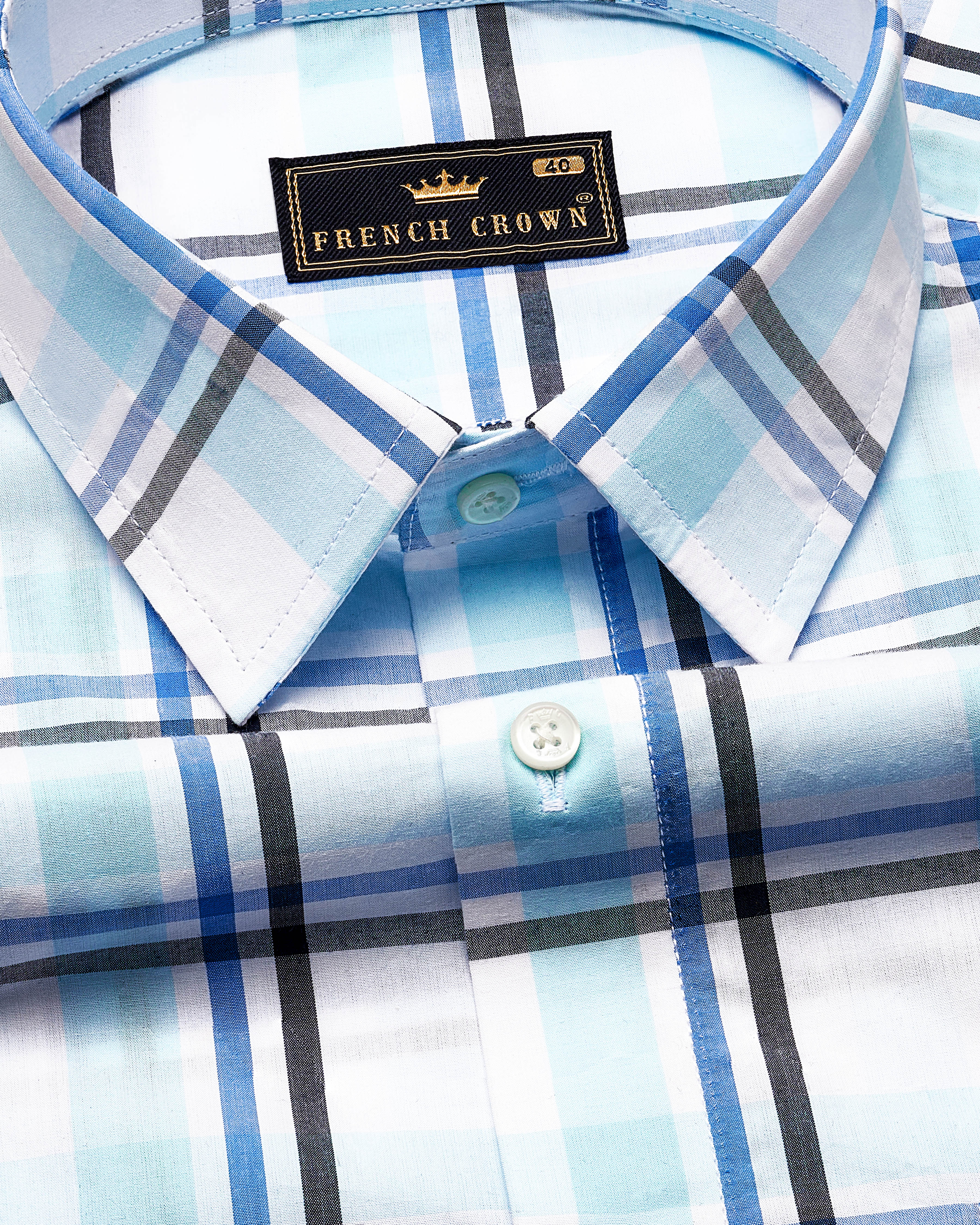 Bright White with Coral Aqua Blue and Black Plaid Premium Cotton Shirt