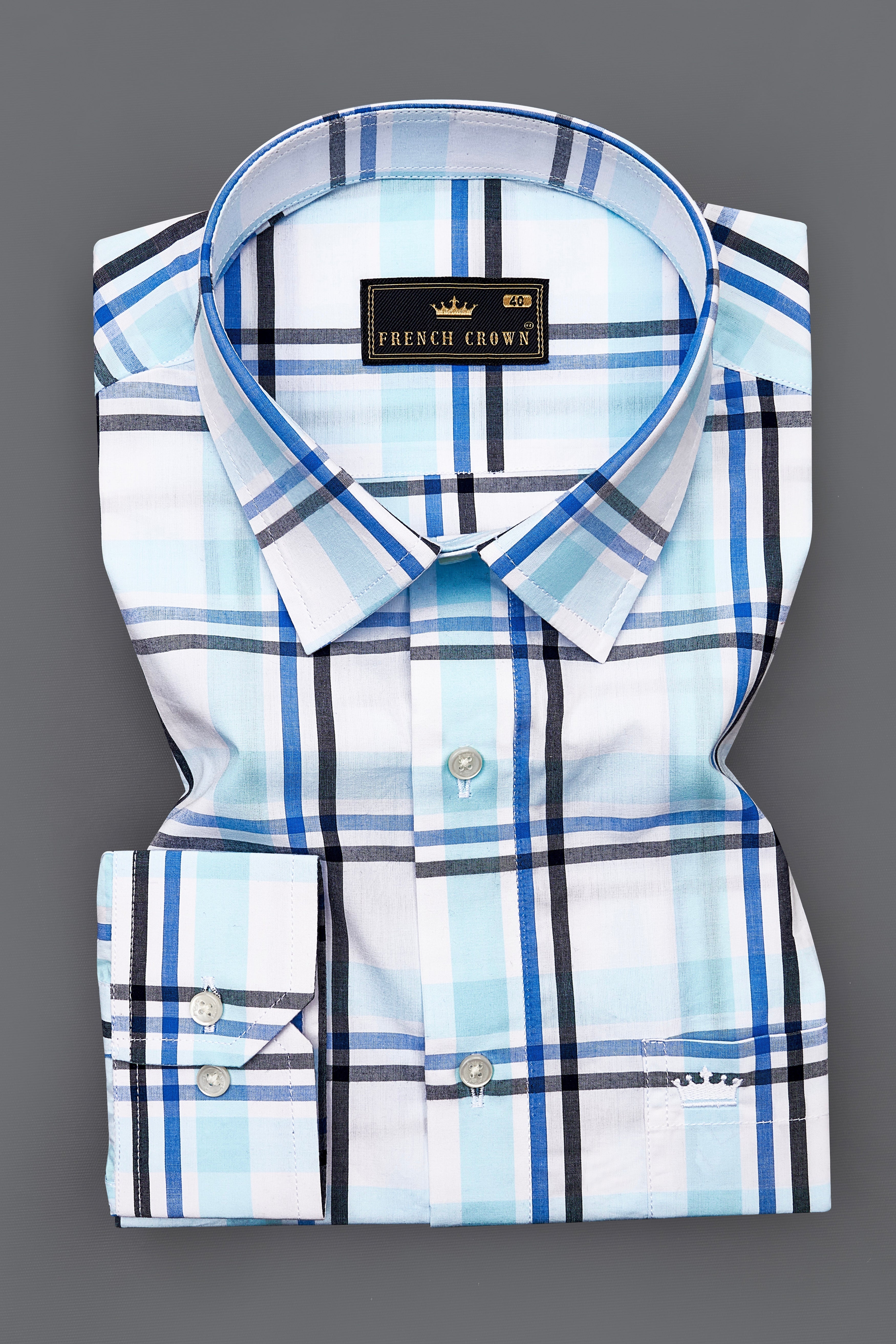 Bright White with Coral Aqua Blue and Black Plaid Premium Cotton Shirt