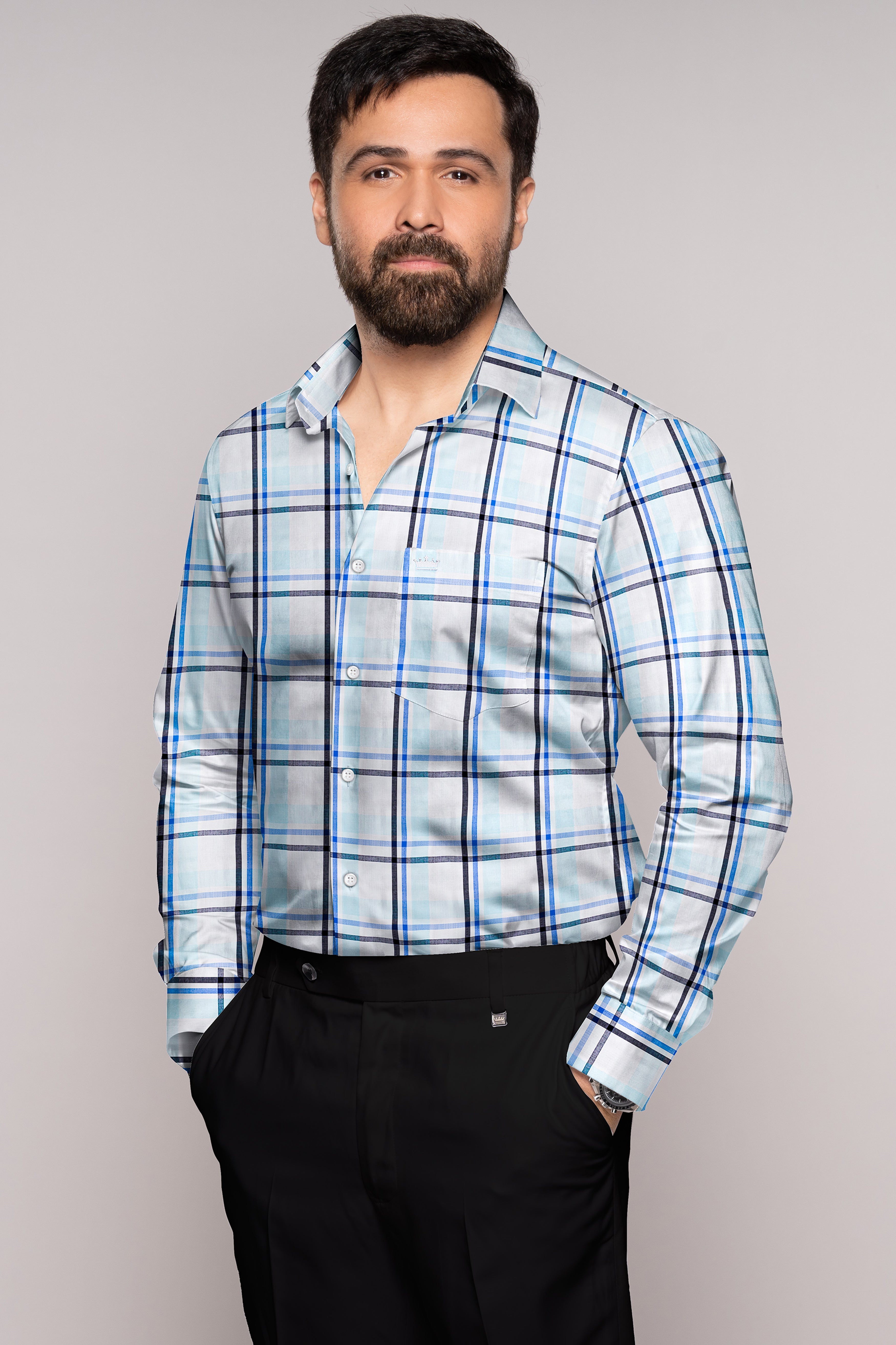 Bright White with Coral Aqua Blue and Black Plaid Premium Cotton Shirt