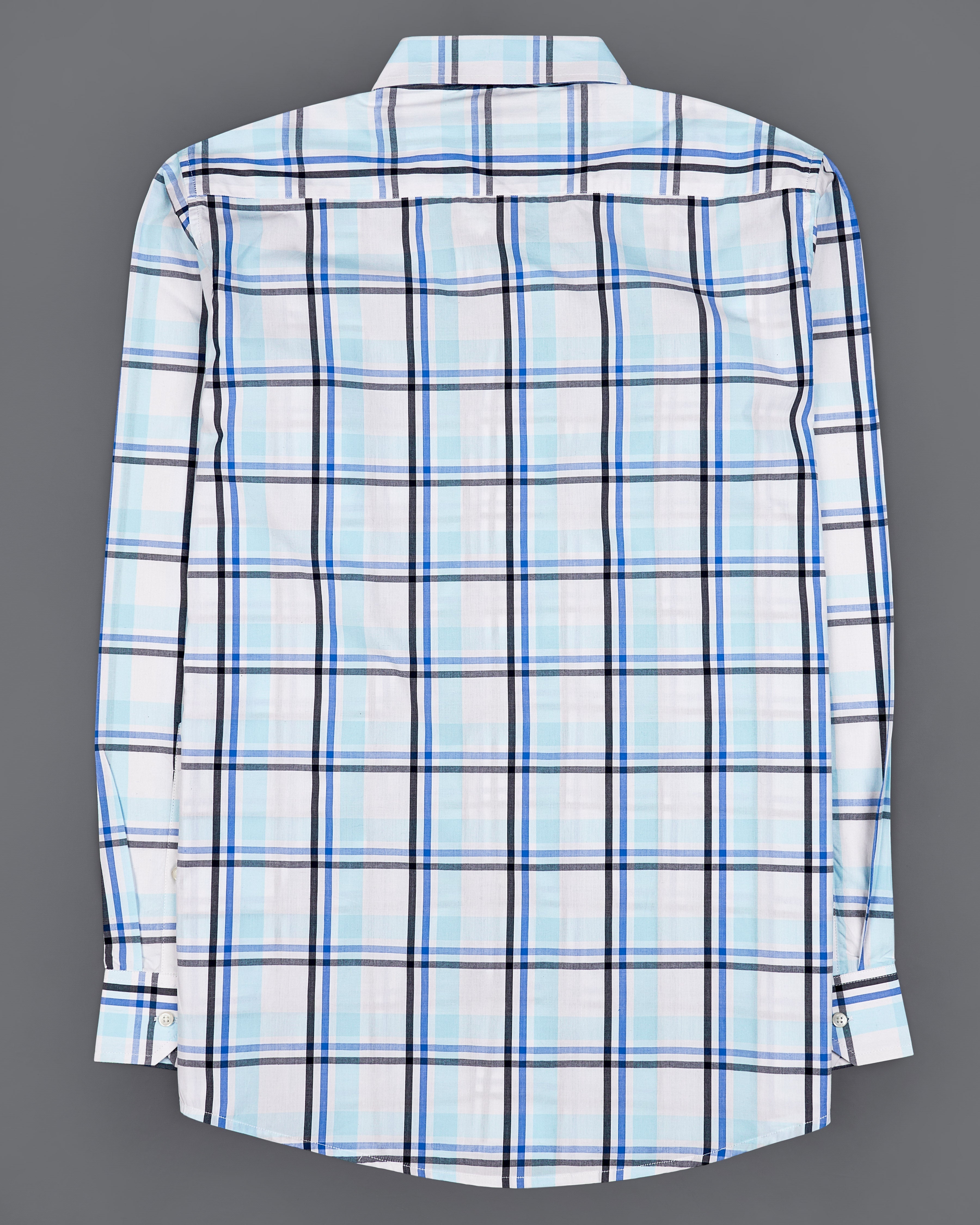 Bright White with Coral Aqua Blue and Black Plaid Premium Cotton Shirt