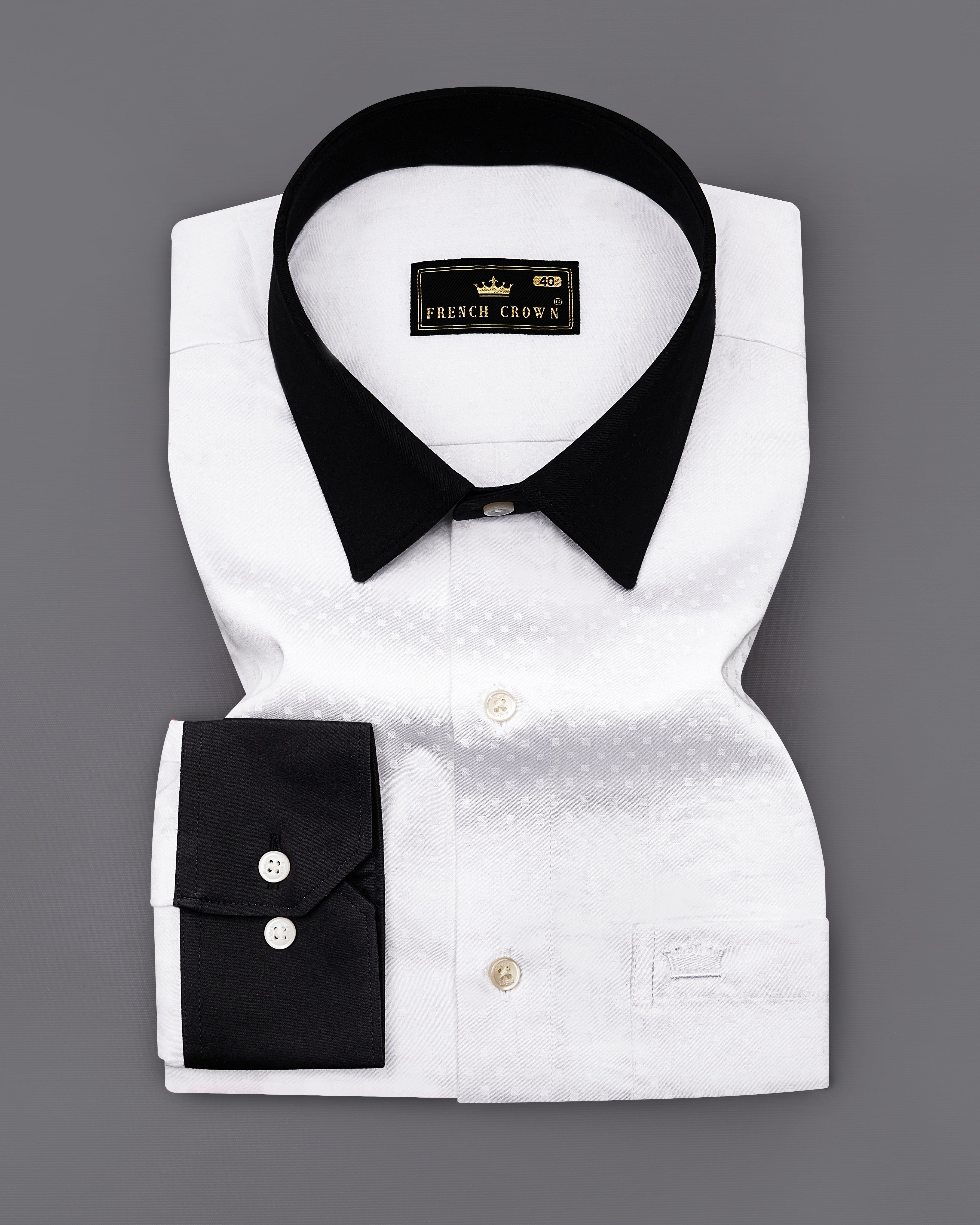 Bright White with Black Cuffs and Collar Dobby Textured Premium Giza Cotton Shirt