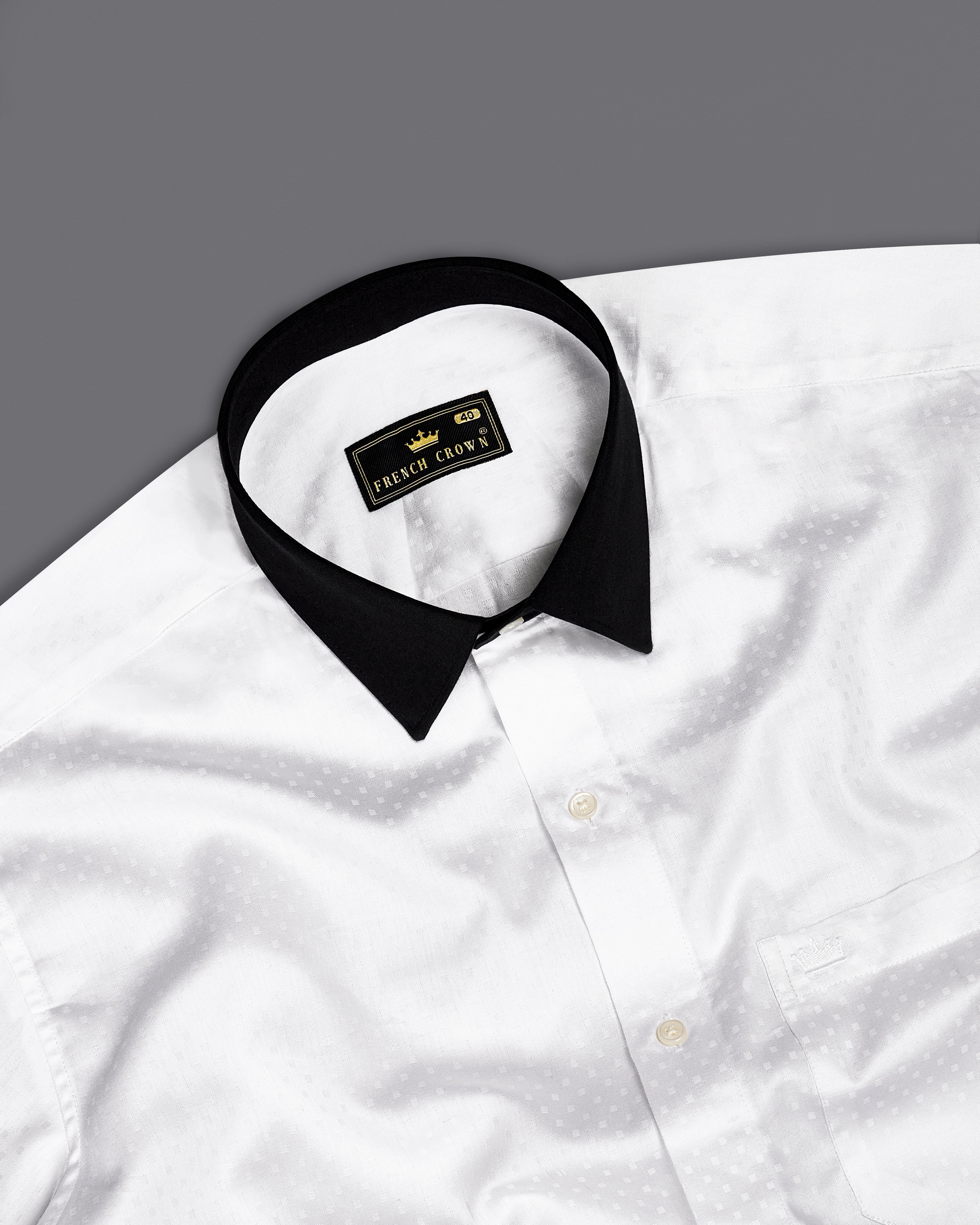 Bright White with Black Cuffs and Collar Dobby Textured Premium Giza Cotton Shirt