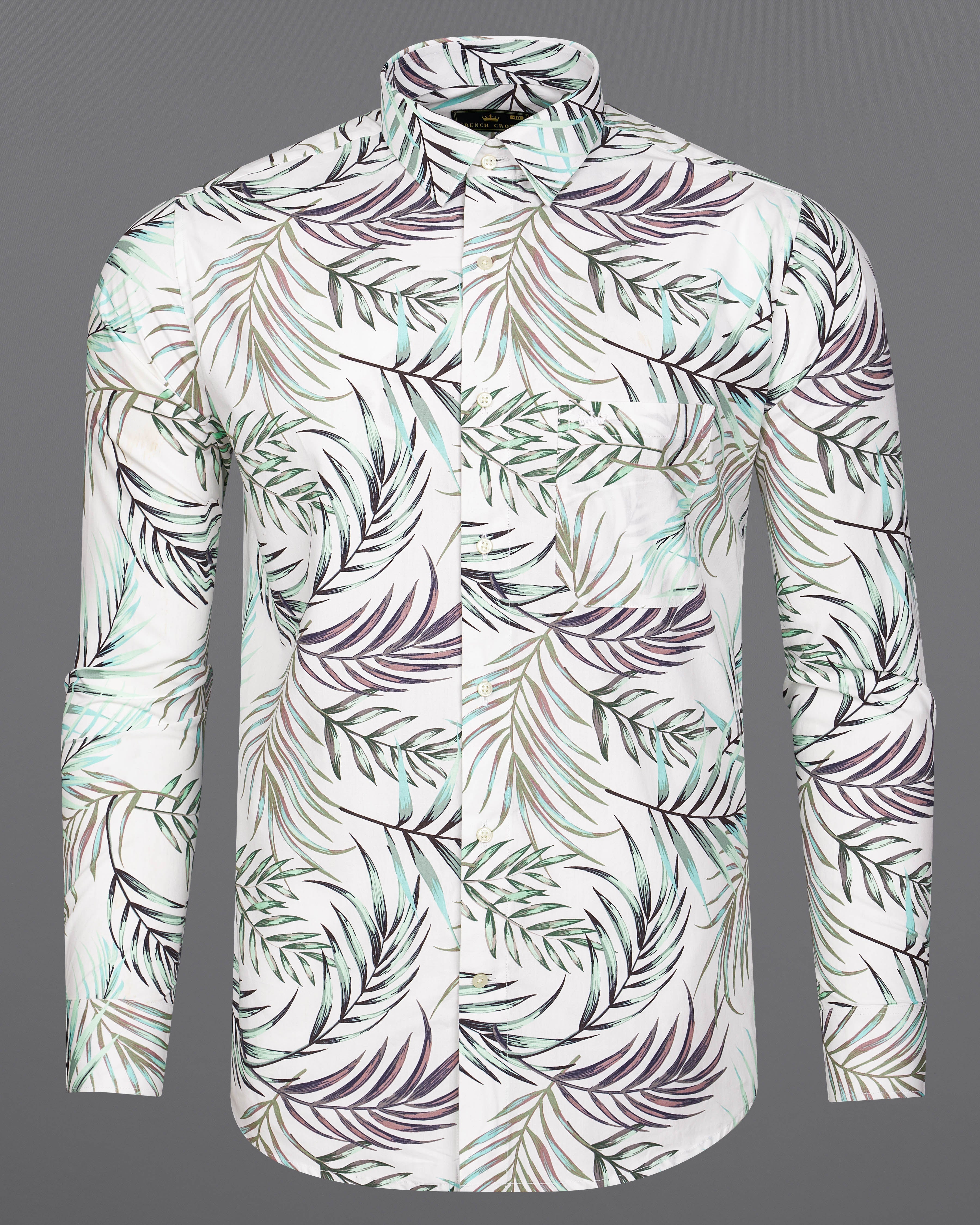 Bright White Multicolour Leaves Printed Premium Cotton Shirt