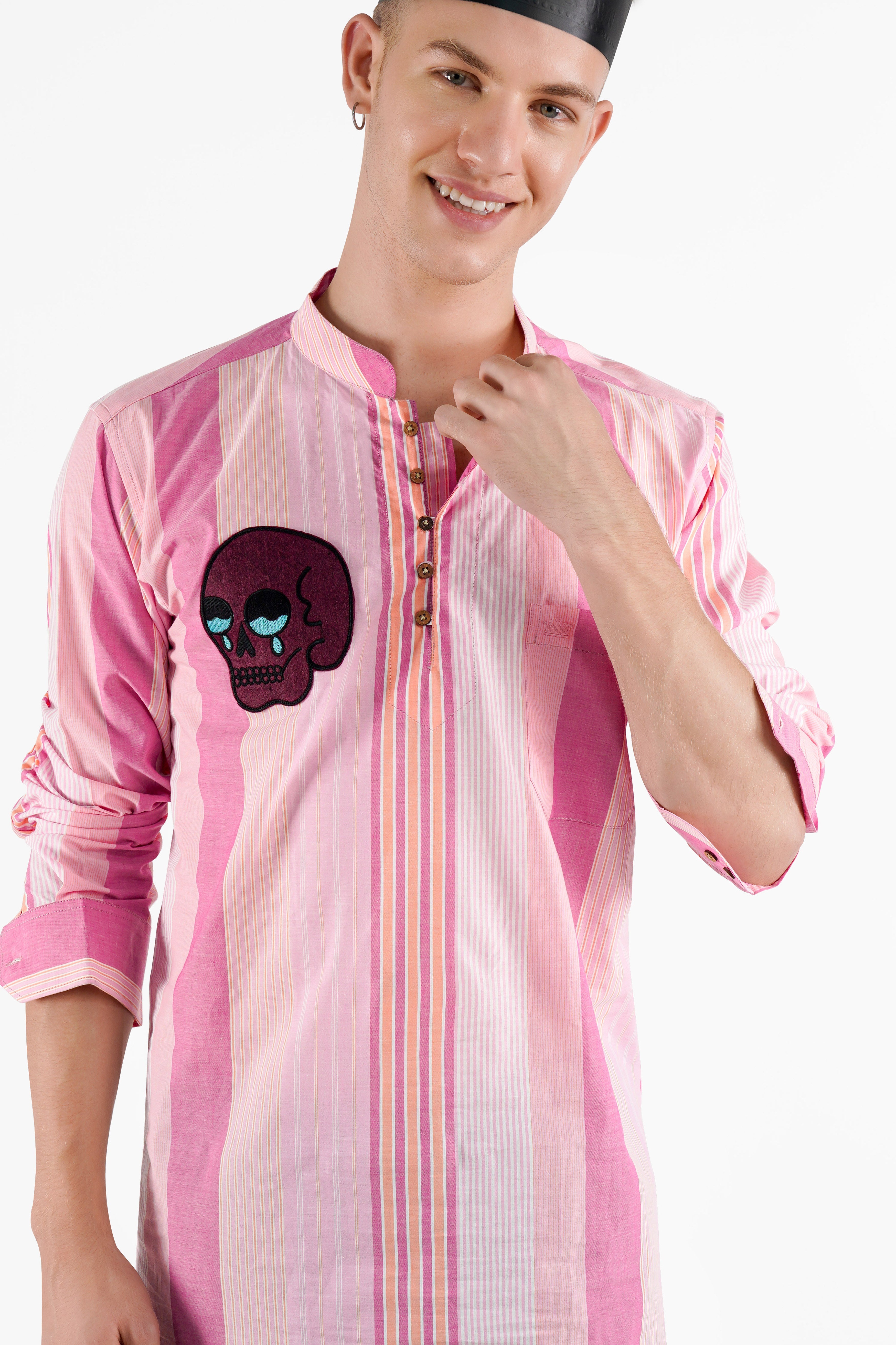 Orchid Pink Striped with Embroidered Patchwork Premium Cotton Designer Kurta Shirt