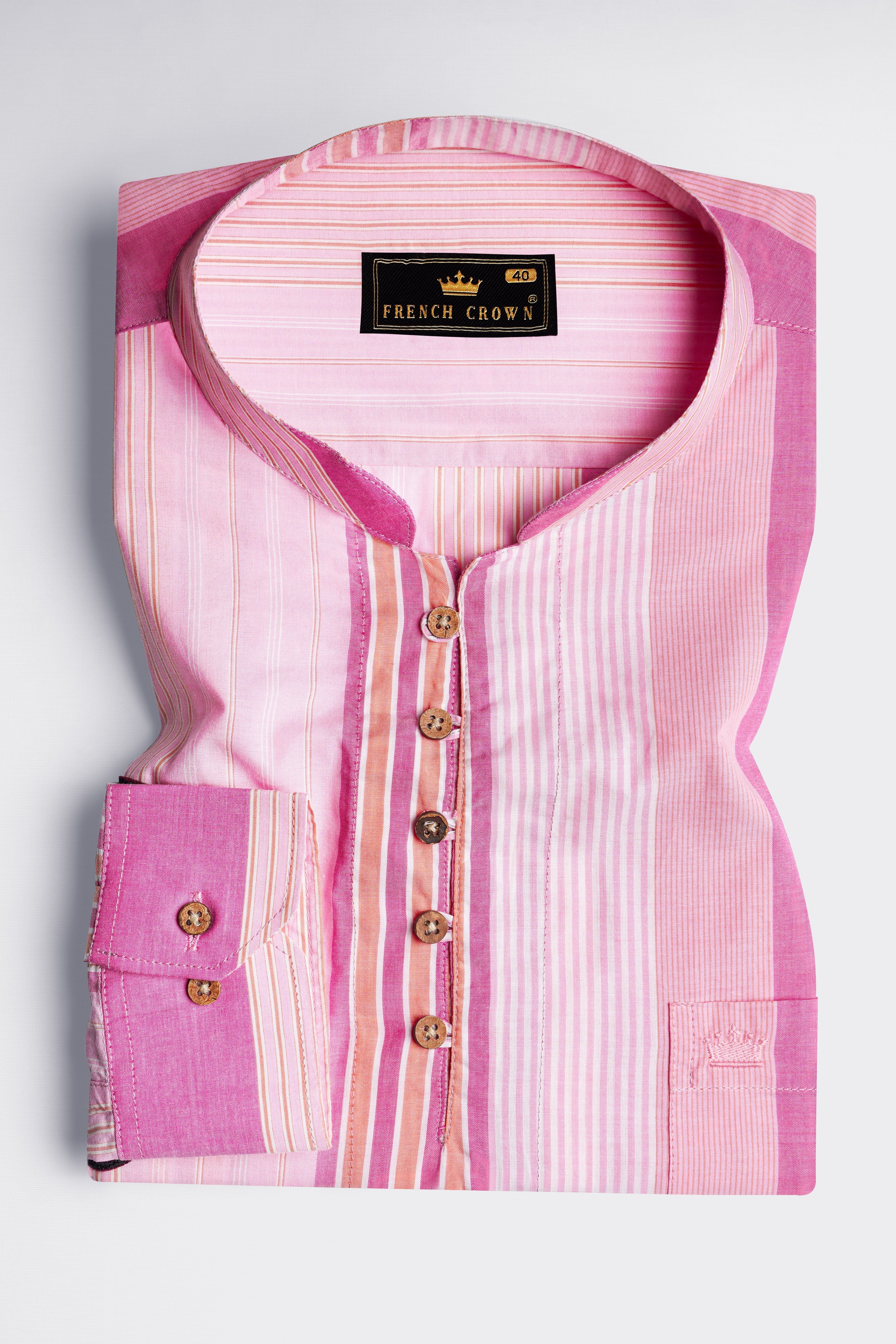 Orchid Pink Striped with Embroidered Patchwork Premium Cotton Designer Kurta Shirt