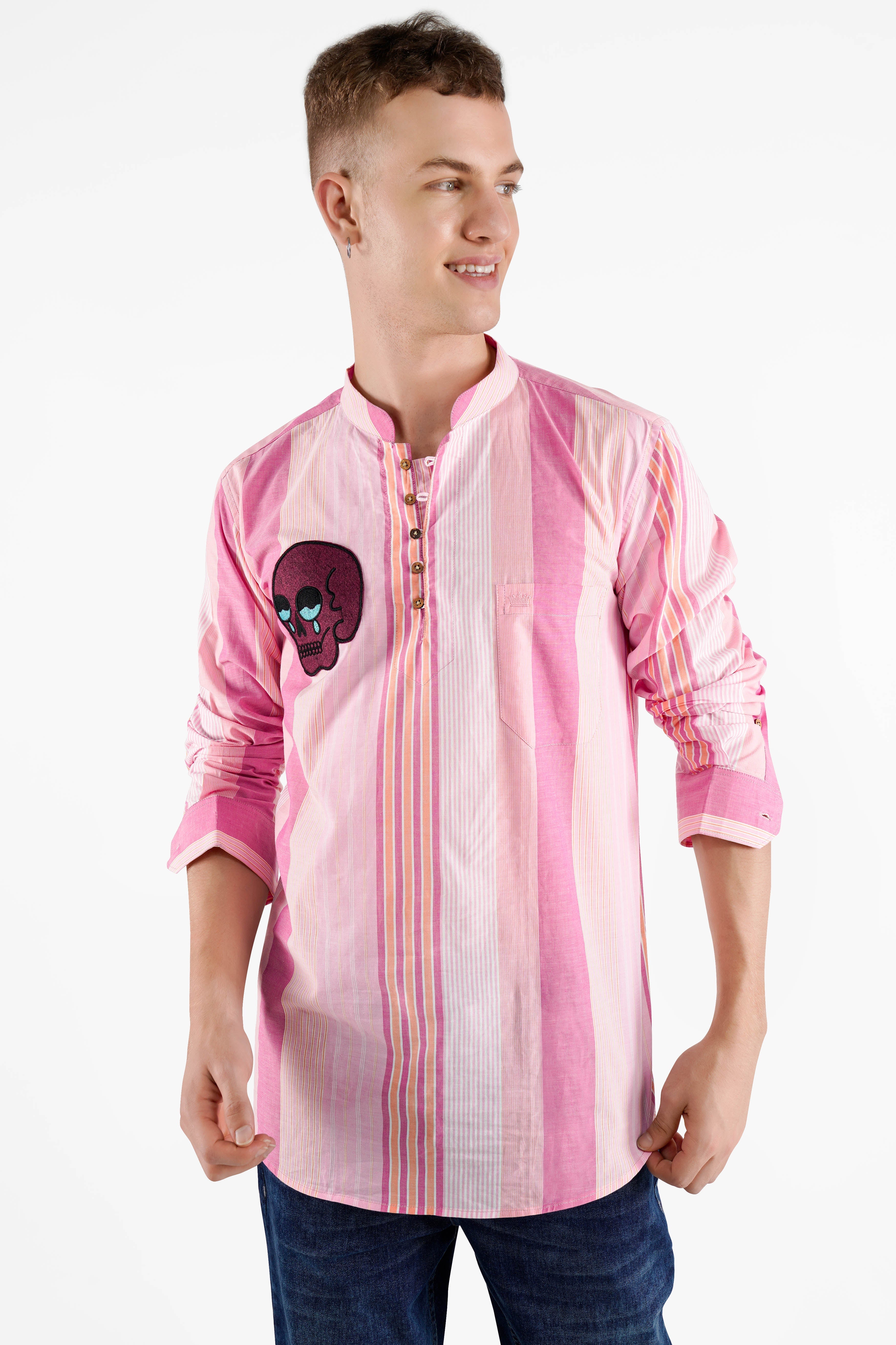 Orchid Pink Striped with Embroidered Patchwork Premium Cotton Designer Kurta Shirt