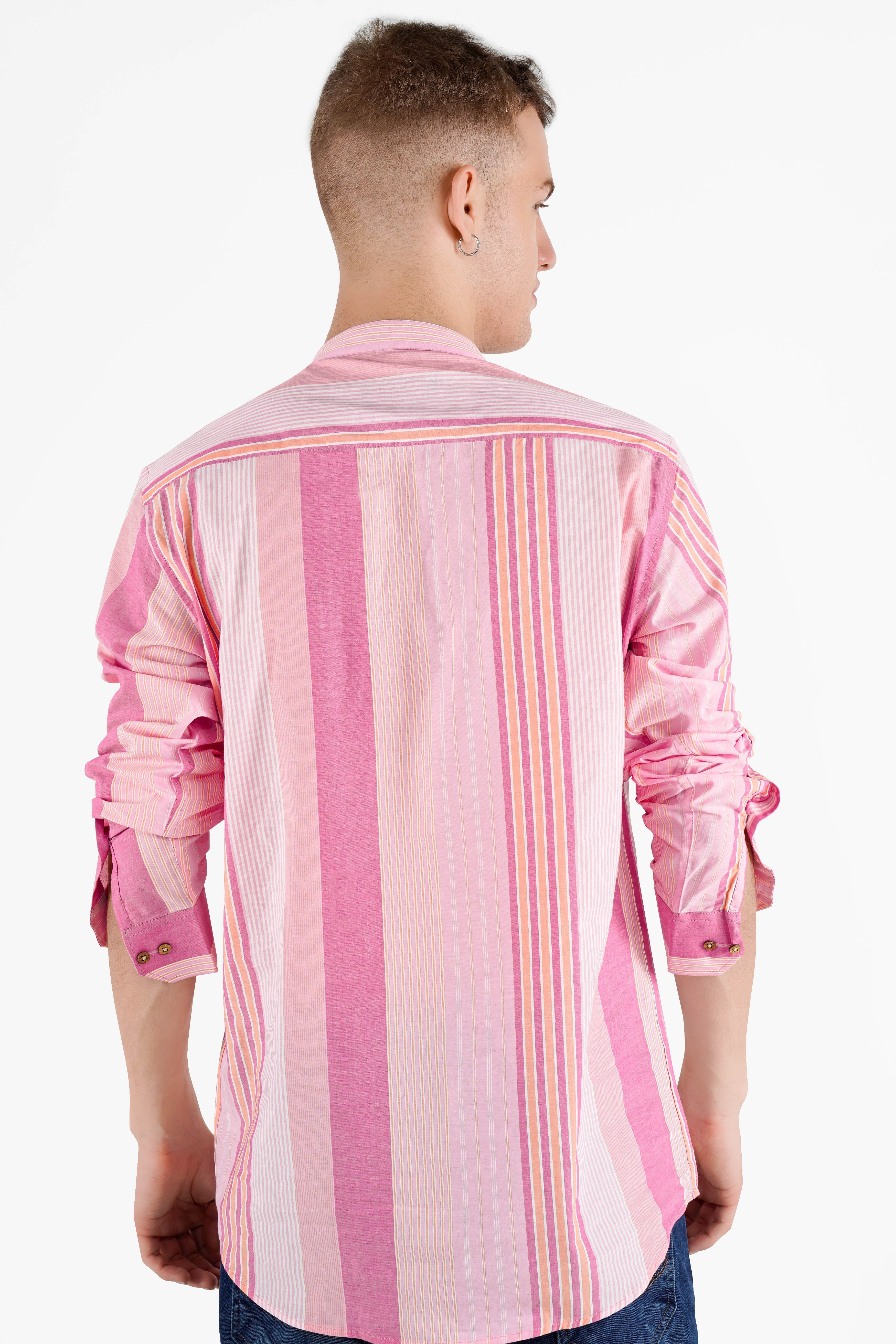 Orchid Pink Striped with Embroidered Patchwork Premium Cotton Designer Kurta Shirt