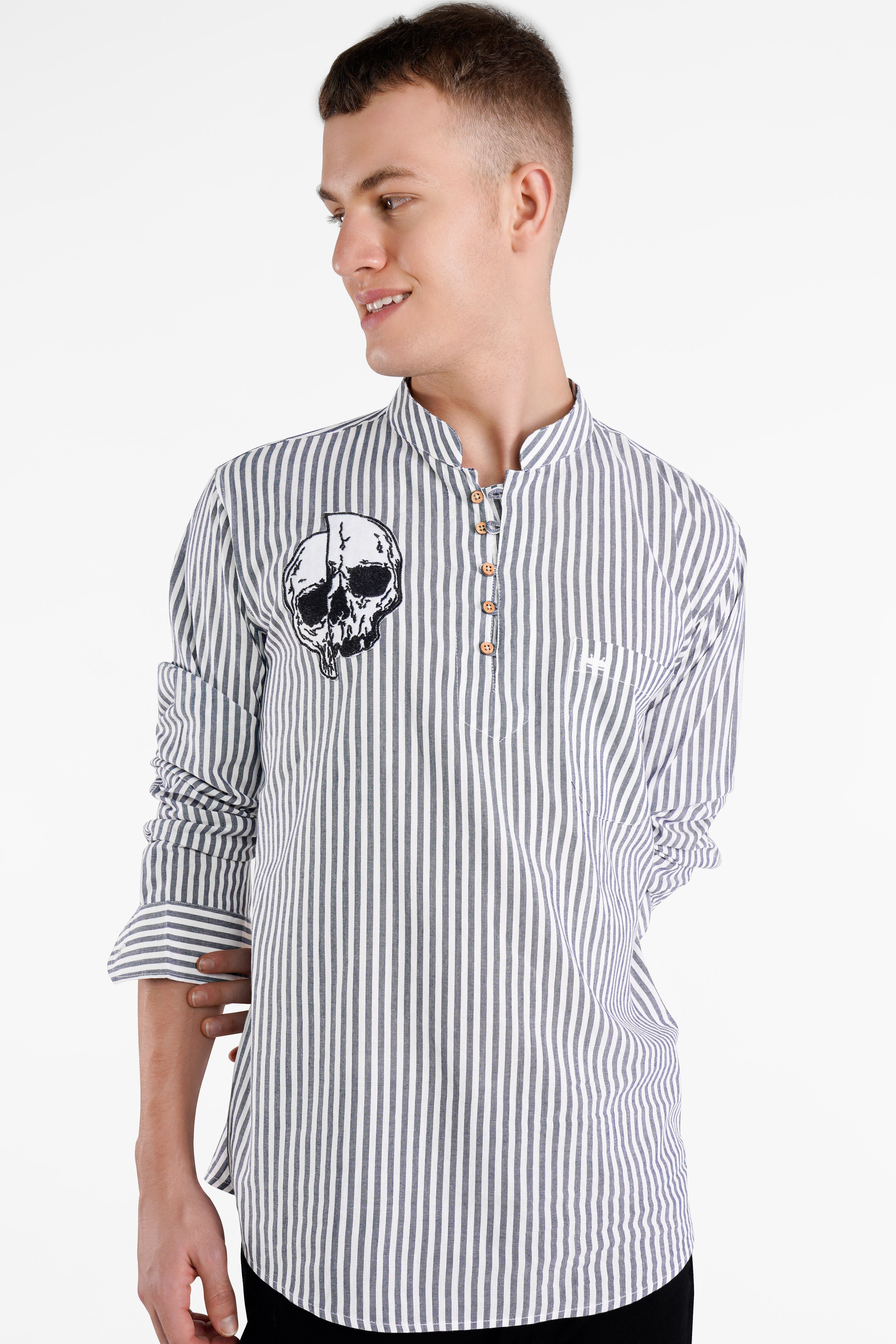 Bright White and Shuttle Gray Striped with Skull Embroidered Patchwork Premium Cotton Designer Kurta Shirt