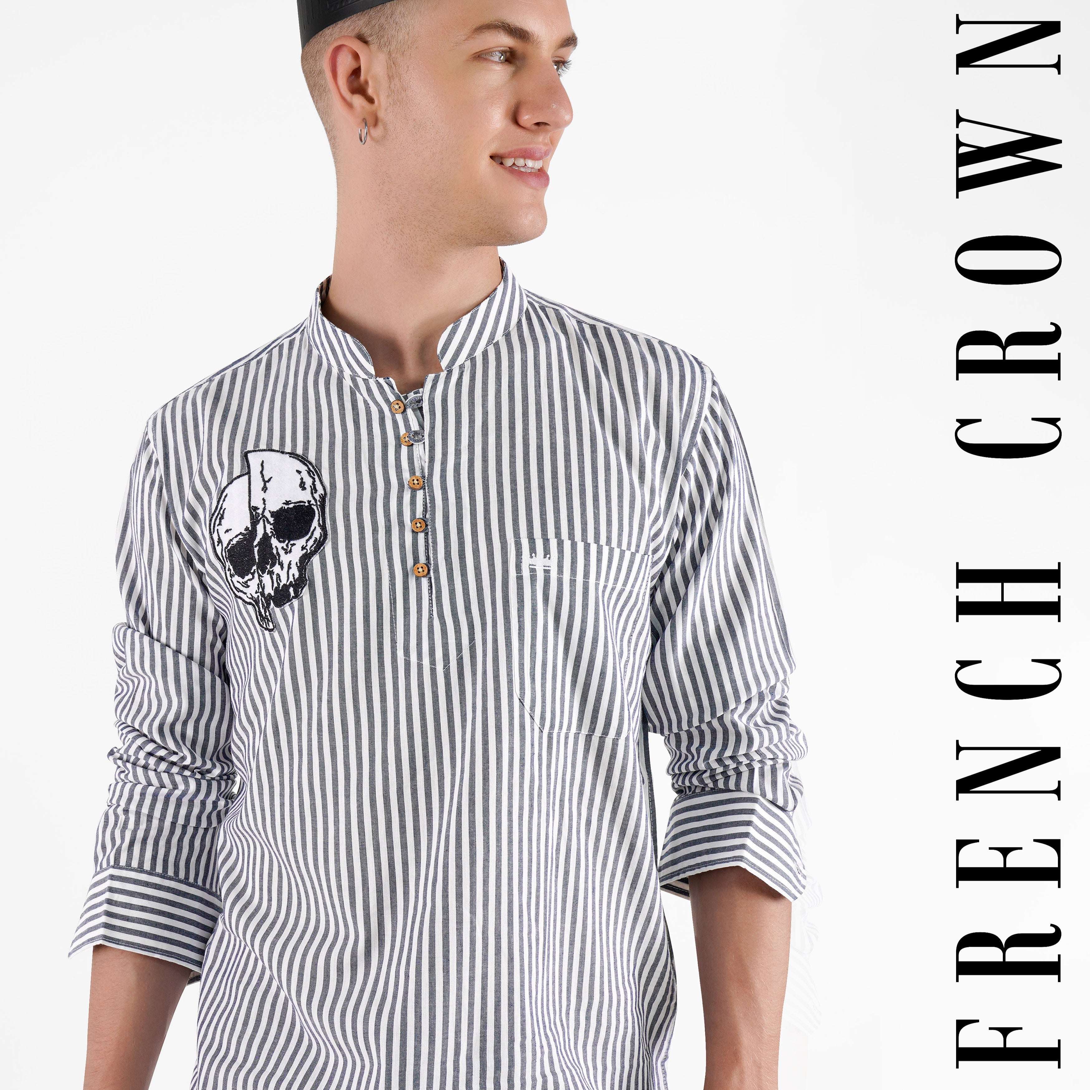 Bright White and Shuttle Gray Striped with Skull Embroidered Patchwork Premium Cotton Designer Kurta Shirt