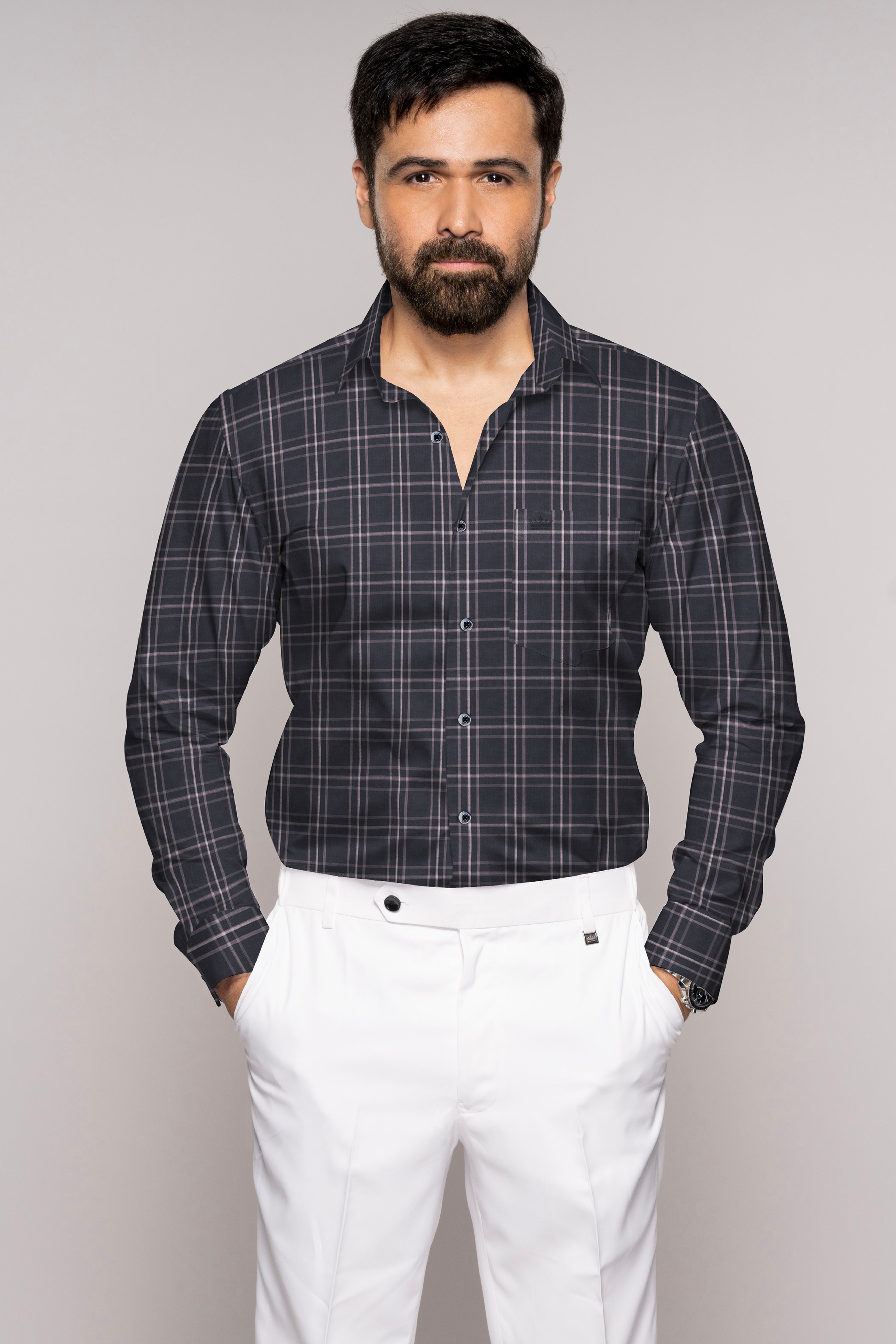 Jade Black with Maverick Pink Twill Windowpane Premium Cotton Shirt