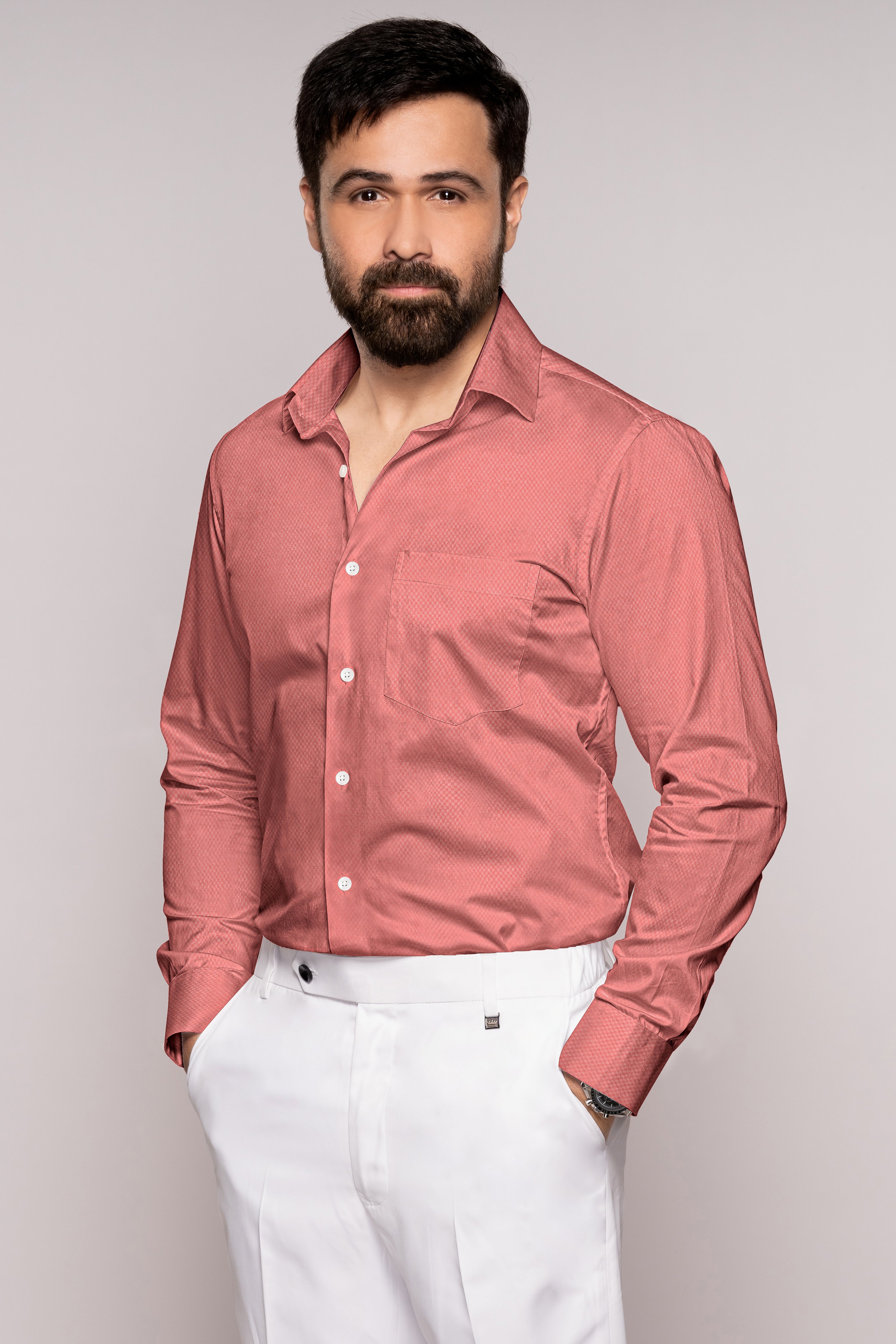 Peach Dobby Textured Premium Giza Cotton Shirt