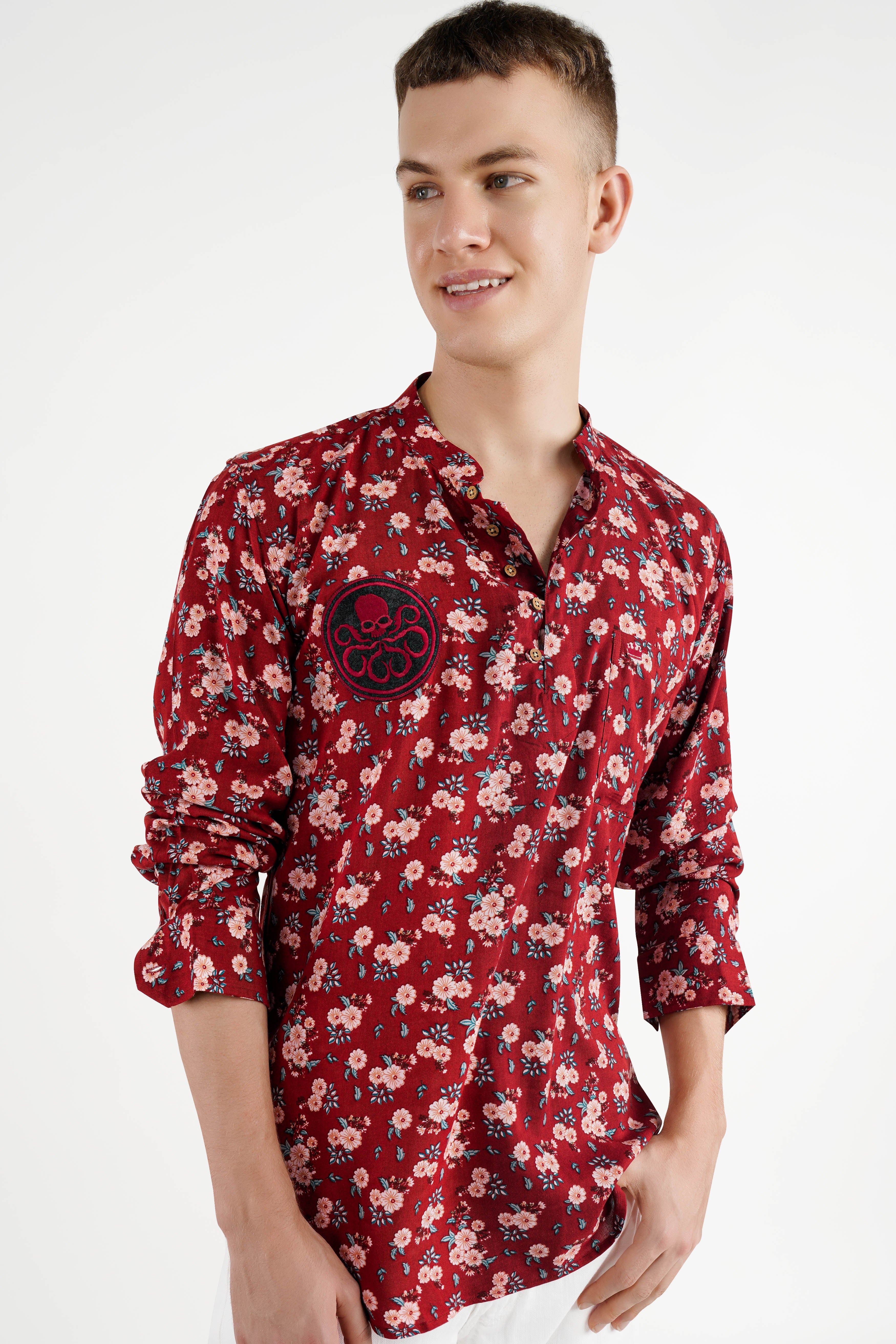 Merlot Red Floral Printed with Funky Patchwork Premium Tencel Designer Kurta Shirt