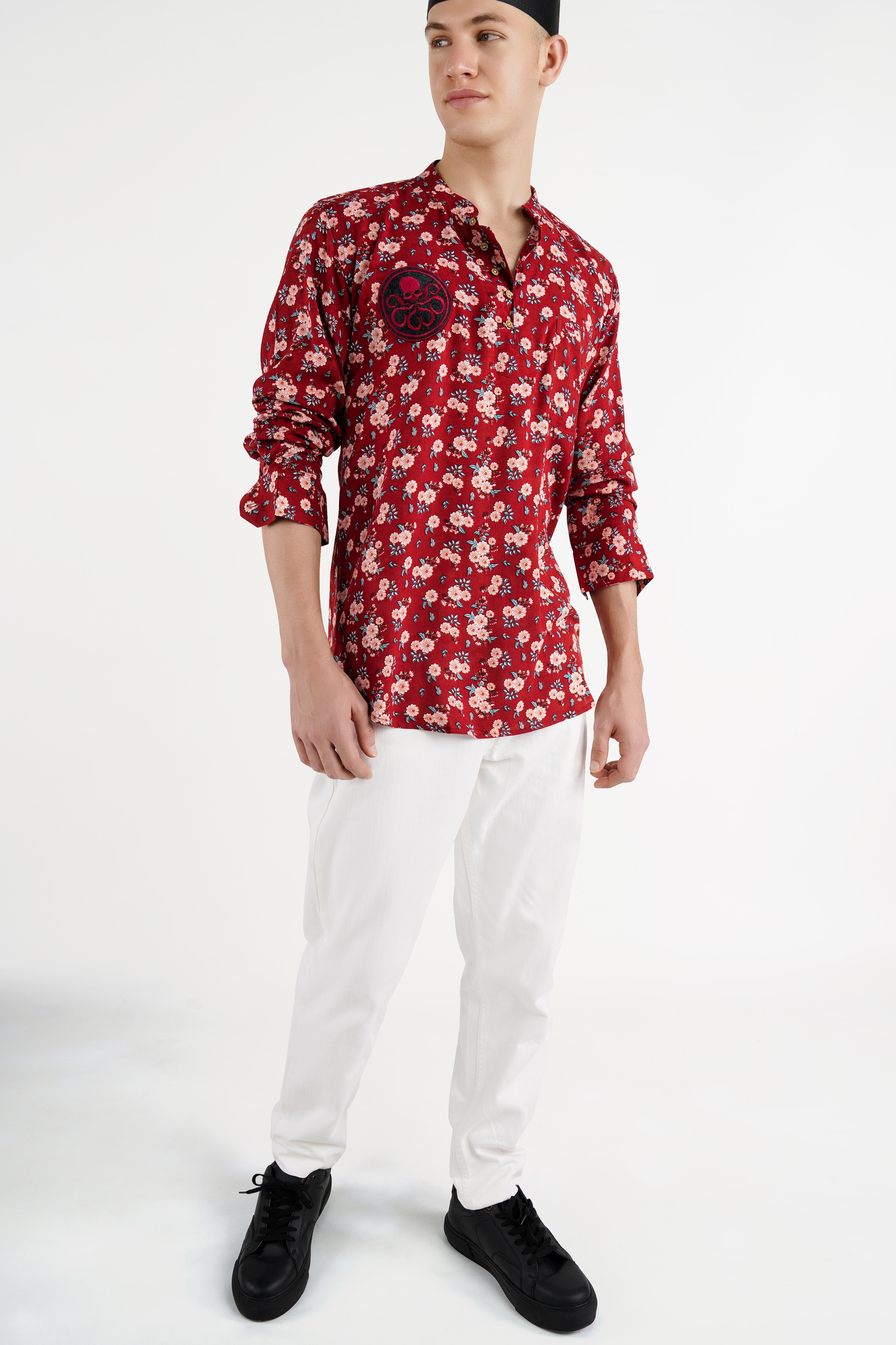 Merlot Red Floral Printed with Funky Patchwork Premium Tencel Designer Kurta Shirt