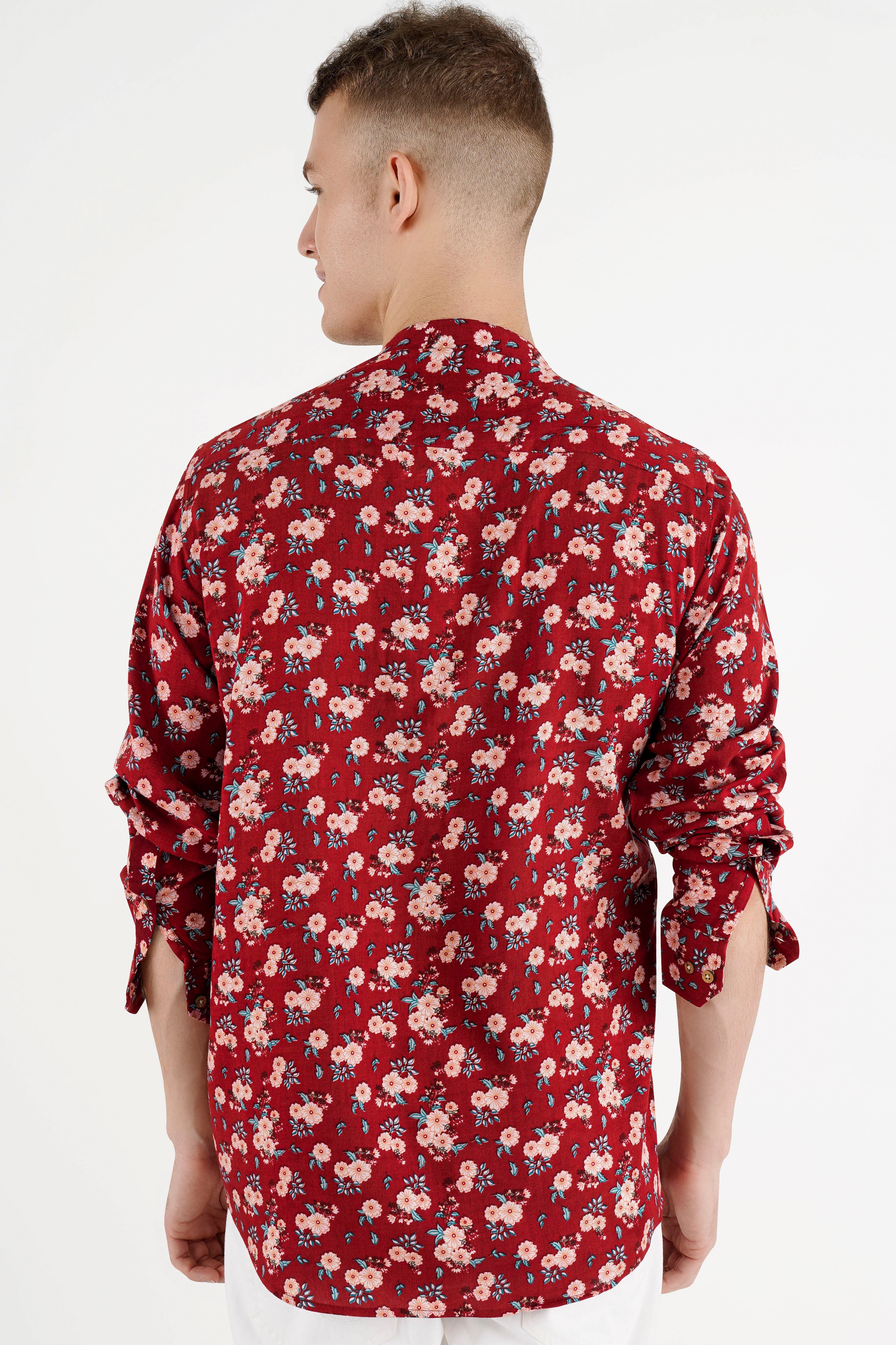 Merlot Red Floral Printed with Funky Patchwork Premium Tencel Designer Kurta Shirt