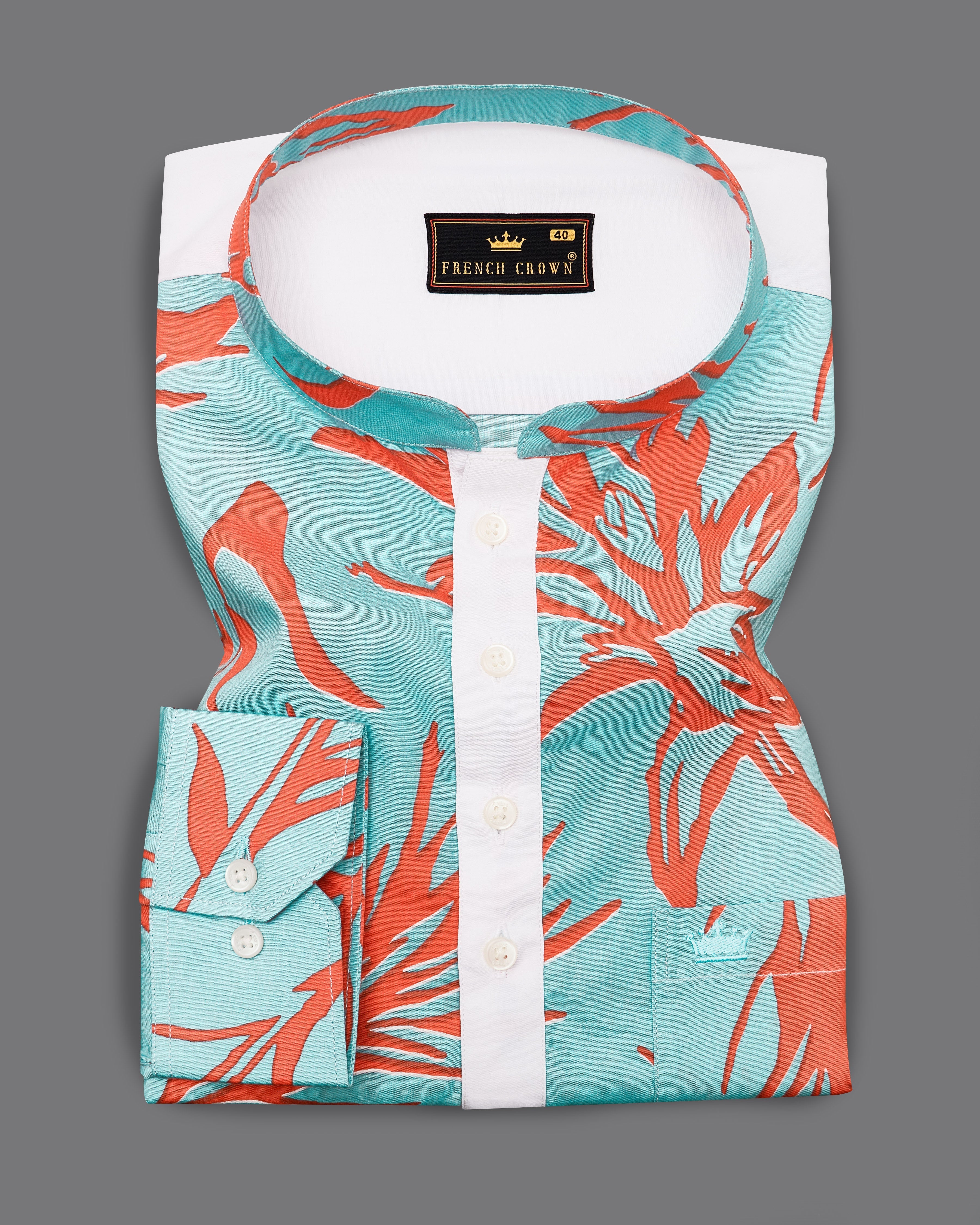 Tiffany Blue with Flamingo Red Printed Premium Cotton Mandarin Collar Designer Shirt 9094-P387-38, 9094-P387-H-38, 9094-P387-39, 9094-P387-H-39, 9094-P387-40, 9094-P387-H-40, 9094-P387-42, 9094-P387-H-42, 9094-P387-44, 9094-P387-H-44, 9094-P387-46, 9094-P387-H-46, 9094-P387-48, 9094-P387-H-48, 9094-P387-50, 9094-P387-H-50, 9094-P387-52, 9094-P387-H-52