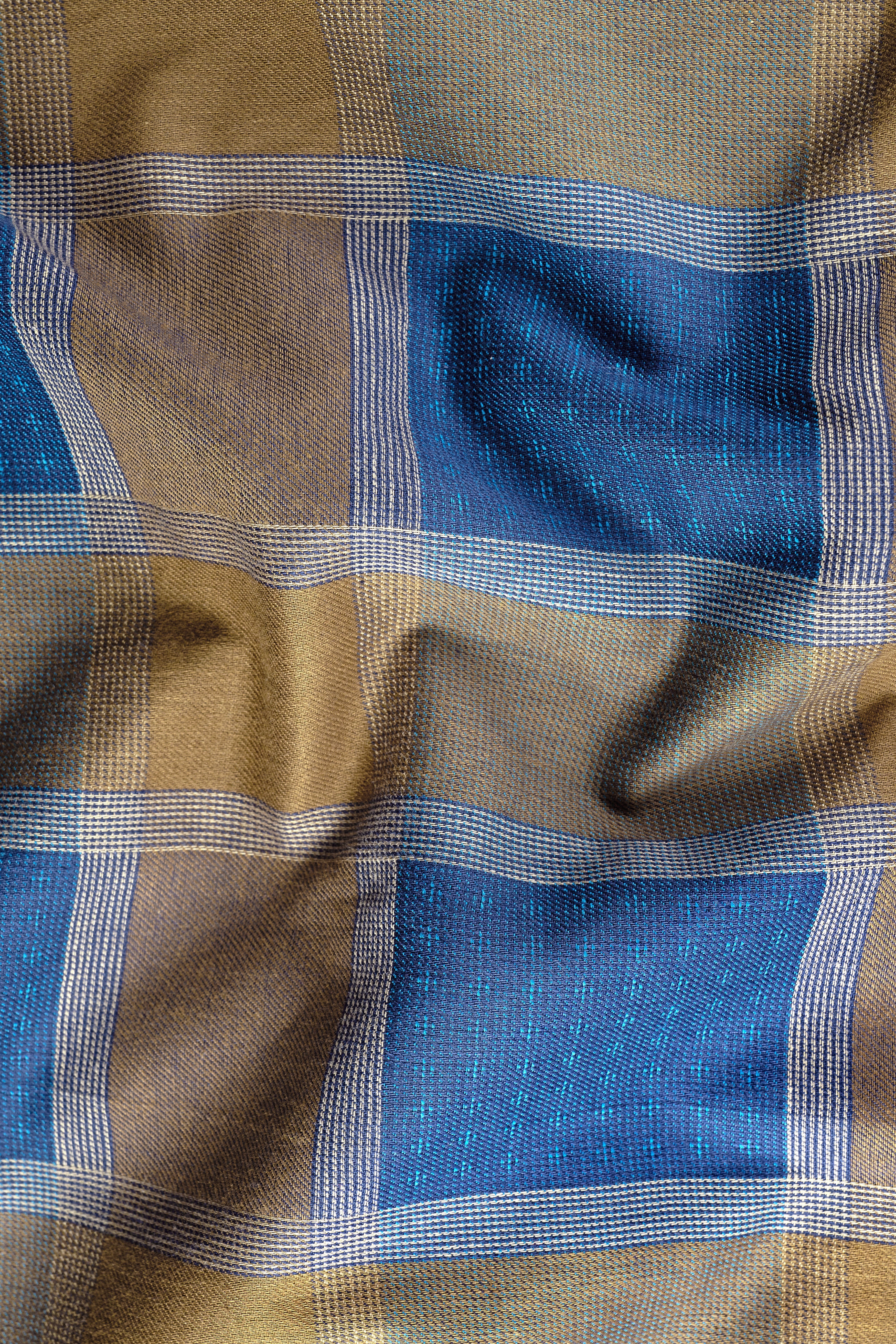 Lochmara Blue with Pesto Brown Checked Dobby Textured Premium Giza Cotton Kurta Shirt