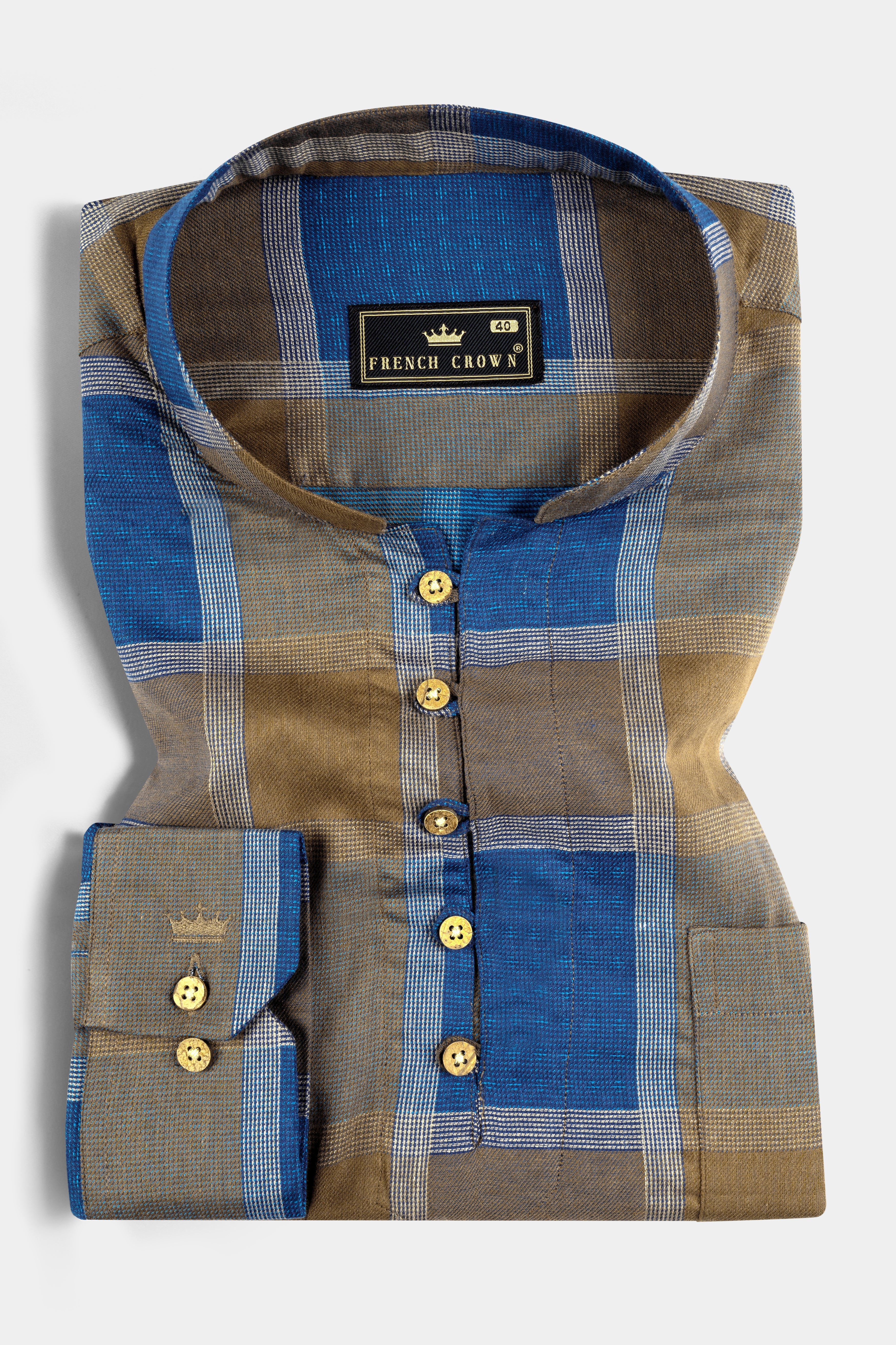 Lochmara Blue with Pesto Brown Checked Dobby Textured Premium Giza Cotton Kurta Shirt