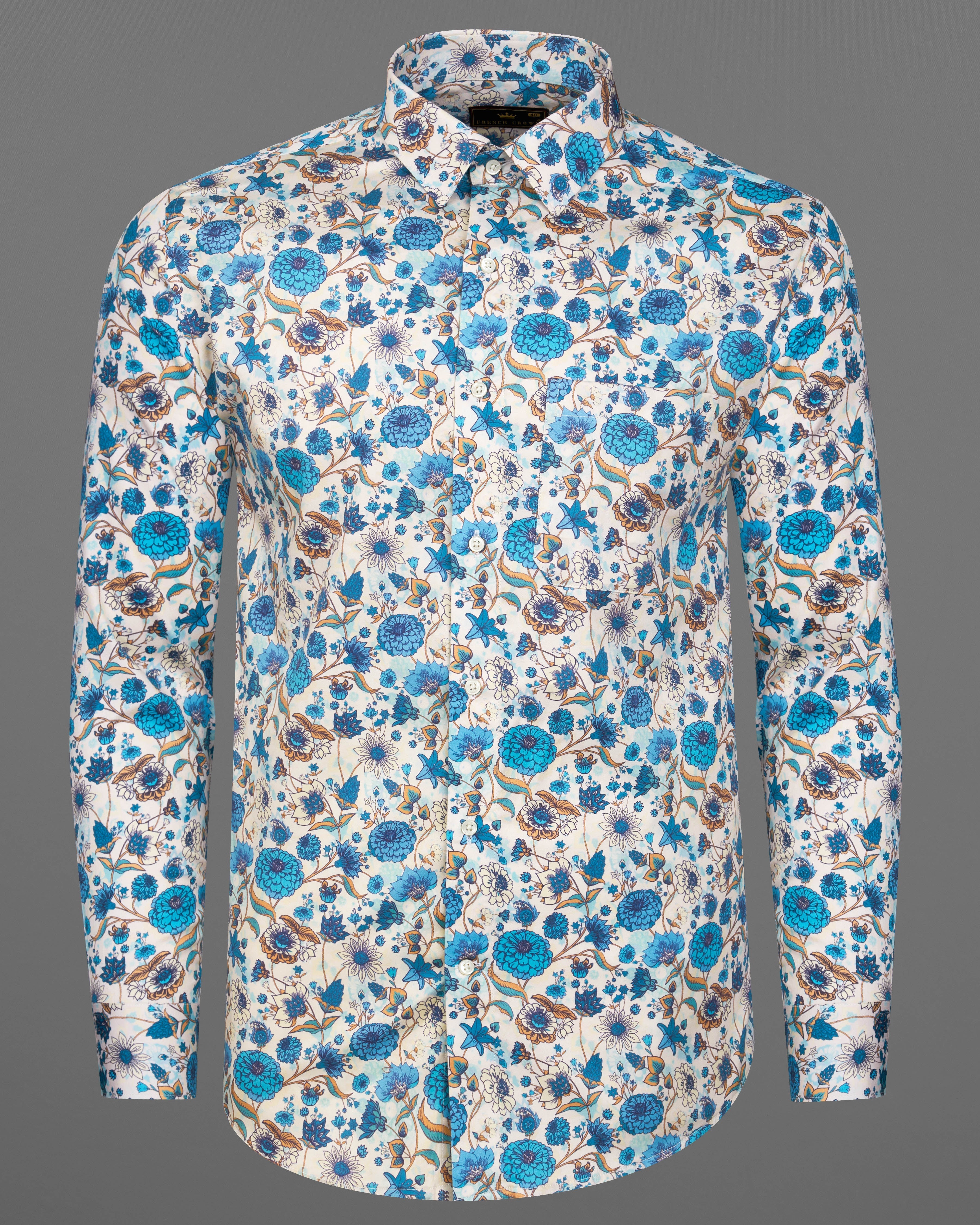 Off White with Bondi Blue Floral Printed Super Soft Premium Cotton Shirt 9147-38,9147-H-38,9147-39,9147-H-39,9147-40,9147-H-40,9147-42,9147-H-42,9147-44,9147-H-44,9147-46,9147-H-46,9147-48,9147-H-48,9147-50,9147-H-50,9147-52,9147-H-52