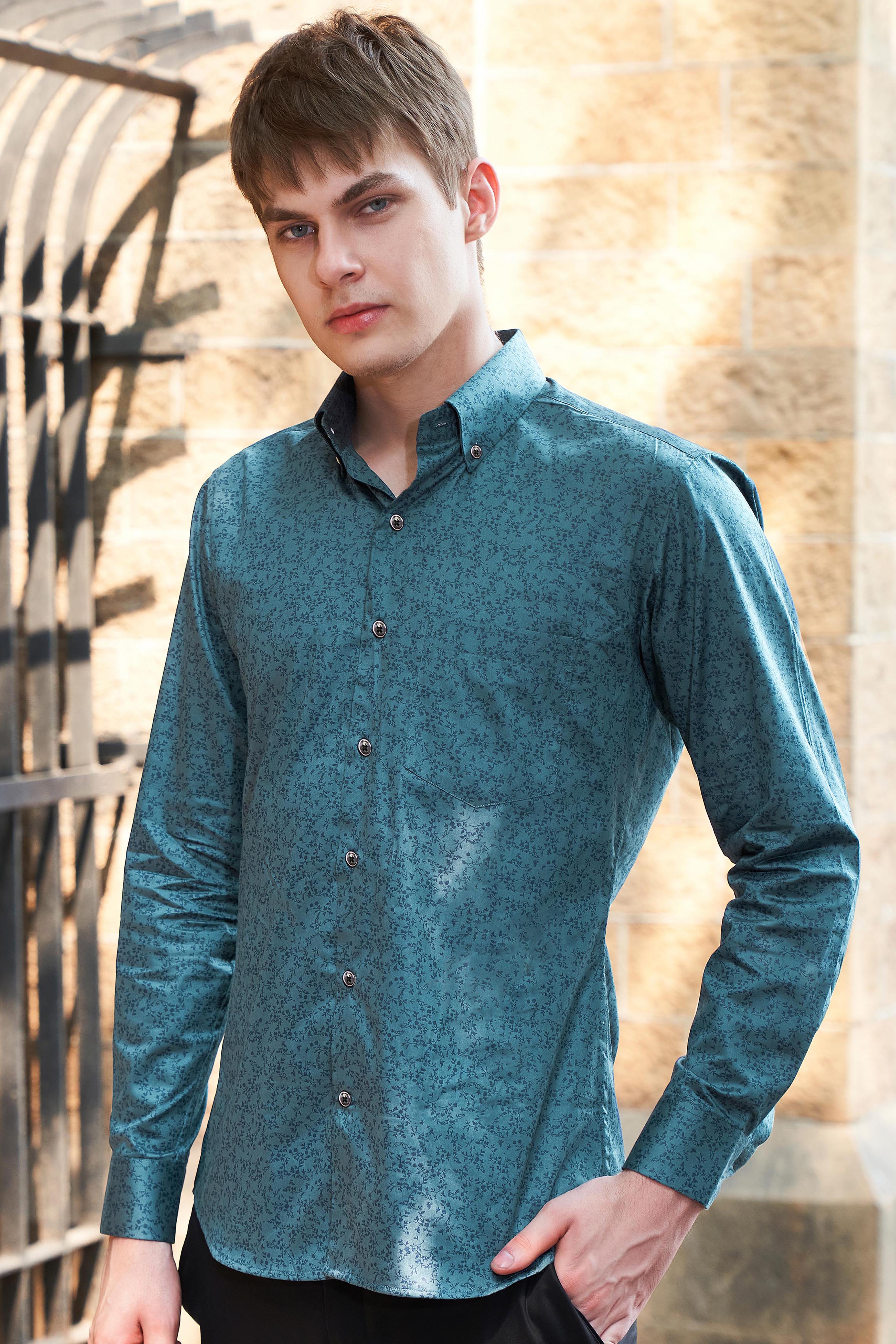 Deep Teal Green Ditsy Textured Royal Oxford Shirt