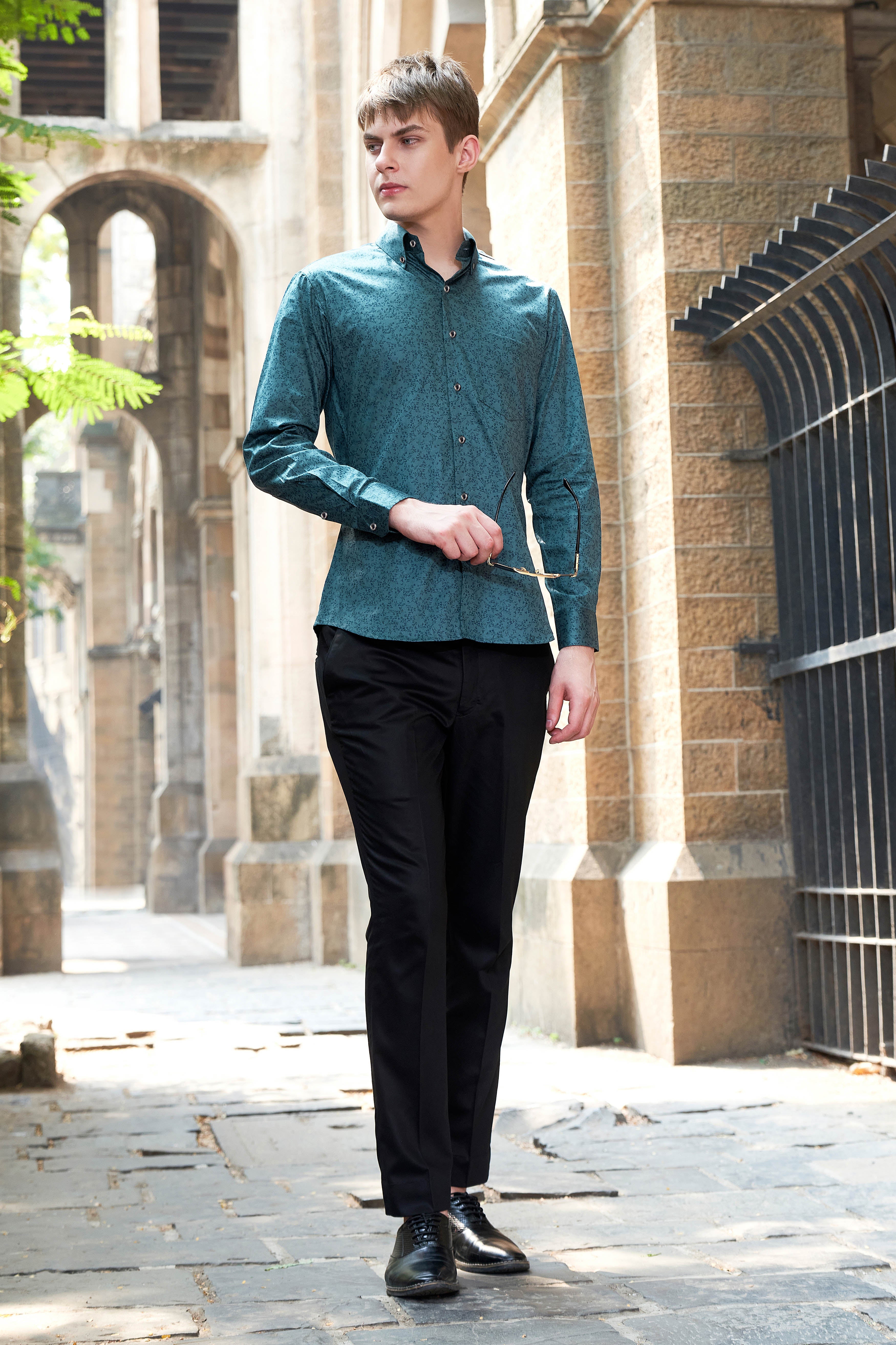 Deep Teal Green Ditsy Textured Royal Oxford Shirt