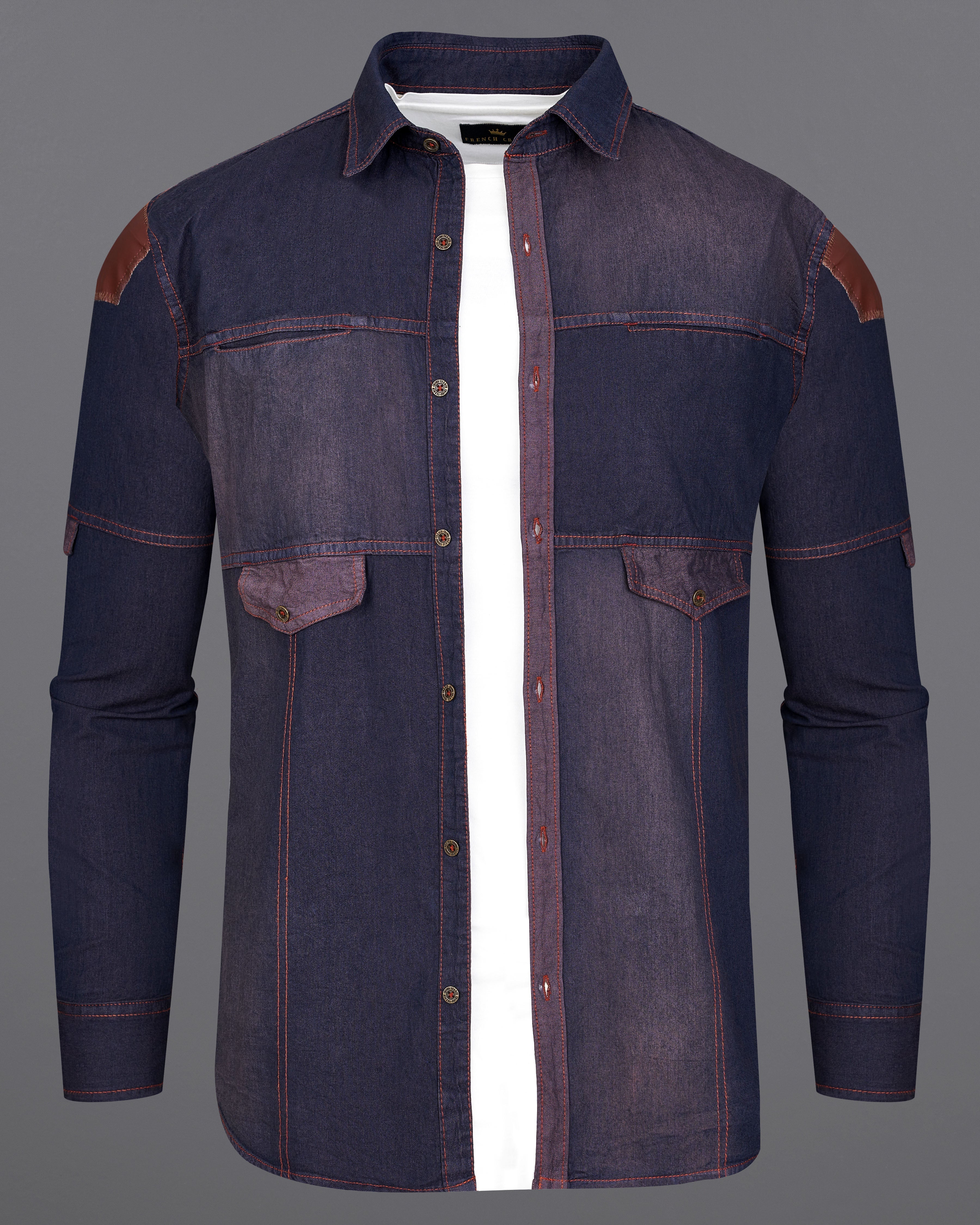 Gravel Purple with Baltic Sea Denim Shirt With Leather Patch Work 9201-MB-38,9201-MB-H-38,9201-MB-39,9201-MB-H-39,9201-MB-40,9201-MB-H-40,9201-MB-42,9201-MB-H-42,9201-MB-44,9201-MB-H-44,9201-MB-46,9201-MB-H-46,9201-MB-48,9201-MB-H-48,9201-MB-50,9201-MB-H-50,9201-MB-52,9201-MB-H-52