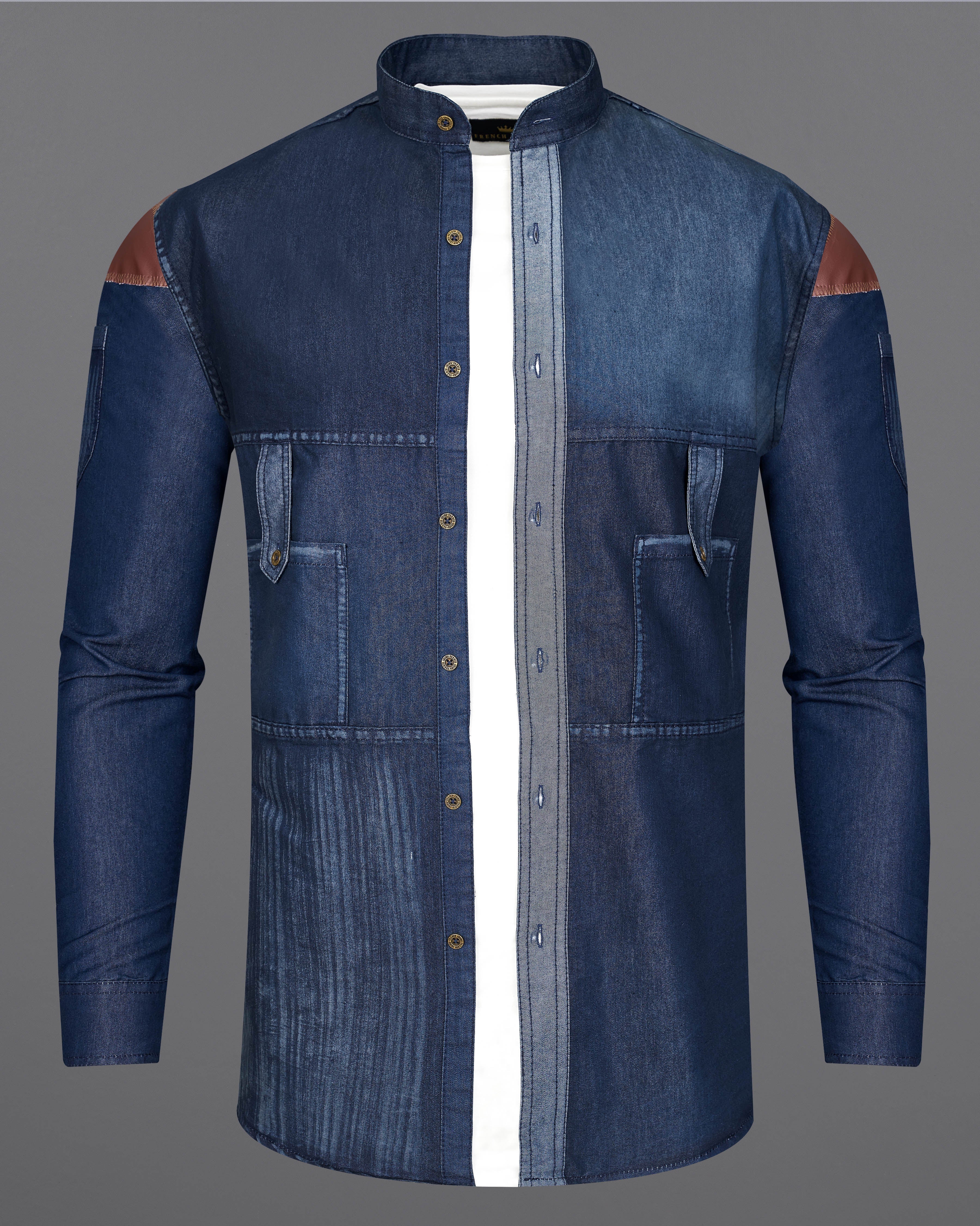 Tuna with Bunting Blue Denim Shirt With Leather Patch Work 9202-M-MB-38,9202-M-MB-H-38,9202-M-MB-39,9202-M-MB-H-39,9202-M-MB-40,9202-M-MB-H-40,9202-M-MB-42,9202-M-MB-H-42,9202-M-MB-44,9202-M-MB-H-44,9202-M-MB-46,9202-M-MB-H-46,9202-M-MB-48,9202-M-MB-H-48,9202-M-MB-50,9202-M-MB-H-50,9202-M-MB-52,9202-M-MB-H-52