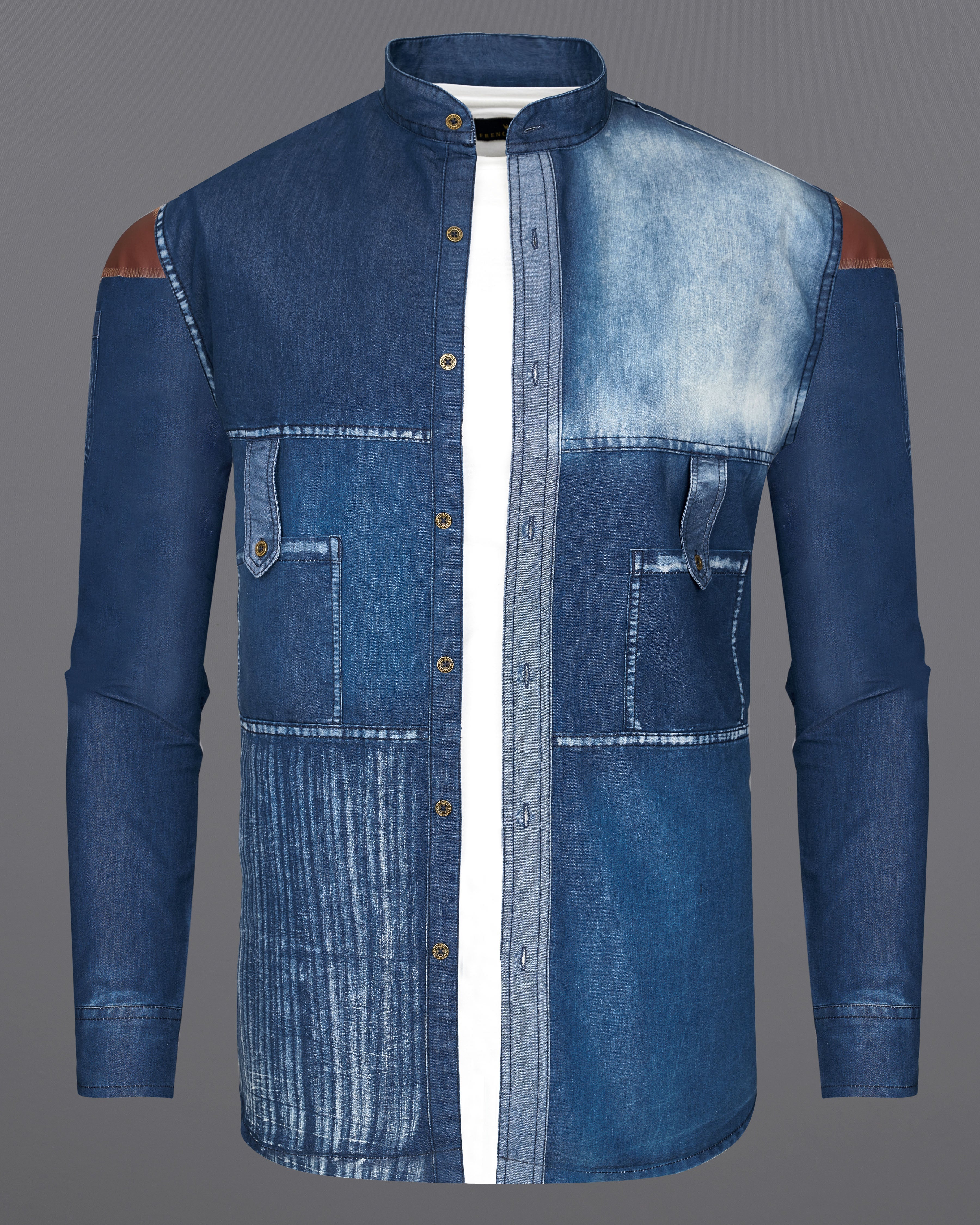 Dark Slate Blue with Hoki Blue Denim Shirt With Leather Patch Work 9204-M-MB-38,9204-M-MB-H-38,9204-M-MB-39,9204-M-MB-H-39,9204-M-MB-40,9204-M-MB-H-40,9204-M-MB-42,9204-M-MB-H-42,9204-M-MB-44,9204-M-MB-H-44,9204-M-MB-46,9204-M-MB-H-46,9204-M-MB-48,9204-M-MB-H-48,9204-M-MB-50,9204-M-MB-H-50,9204-M-MB-52,9204-M-MB-H-52