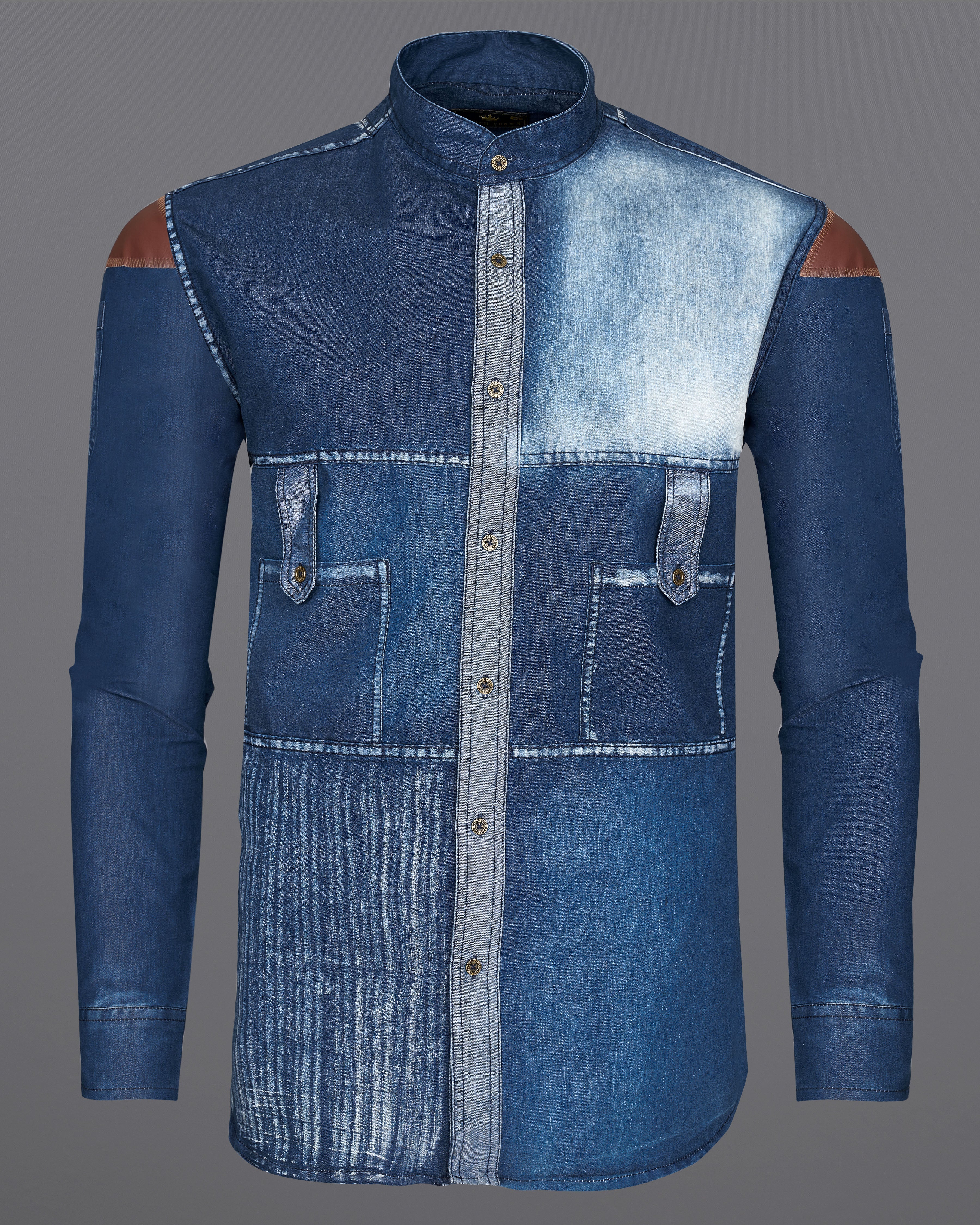 Dark Slate Blue with Hoki Blue Denim Shirt With Leather Patch Work 9204-M-MB-38,9204-M-MB-H-38,9204-M-MB-39,9204-M-MB-H-39,9204-M-MB-40,9204-M-MB-H-40,9204-M-MB-42,9204-M-MB-H-42,9204-M-MB-44,9204-M-MB-H-44,9204-M-MB-46,9204-M-MB-H-46,9204-M-MB-48,9204-M-MB-H-48,9204-M-MB-50,9204-M-MB-H-50,9204-M-MB-52,9204-M-MB-H-52