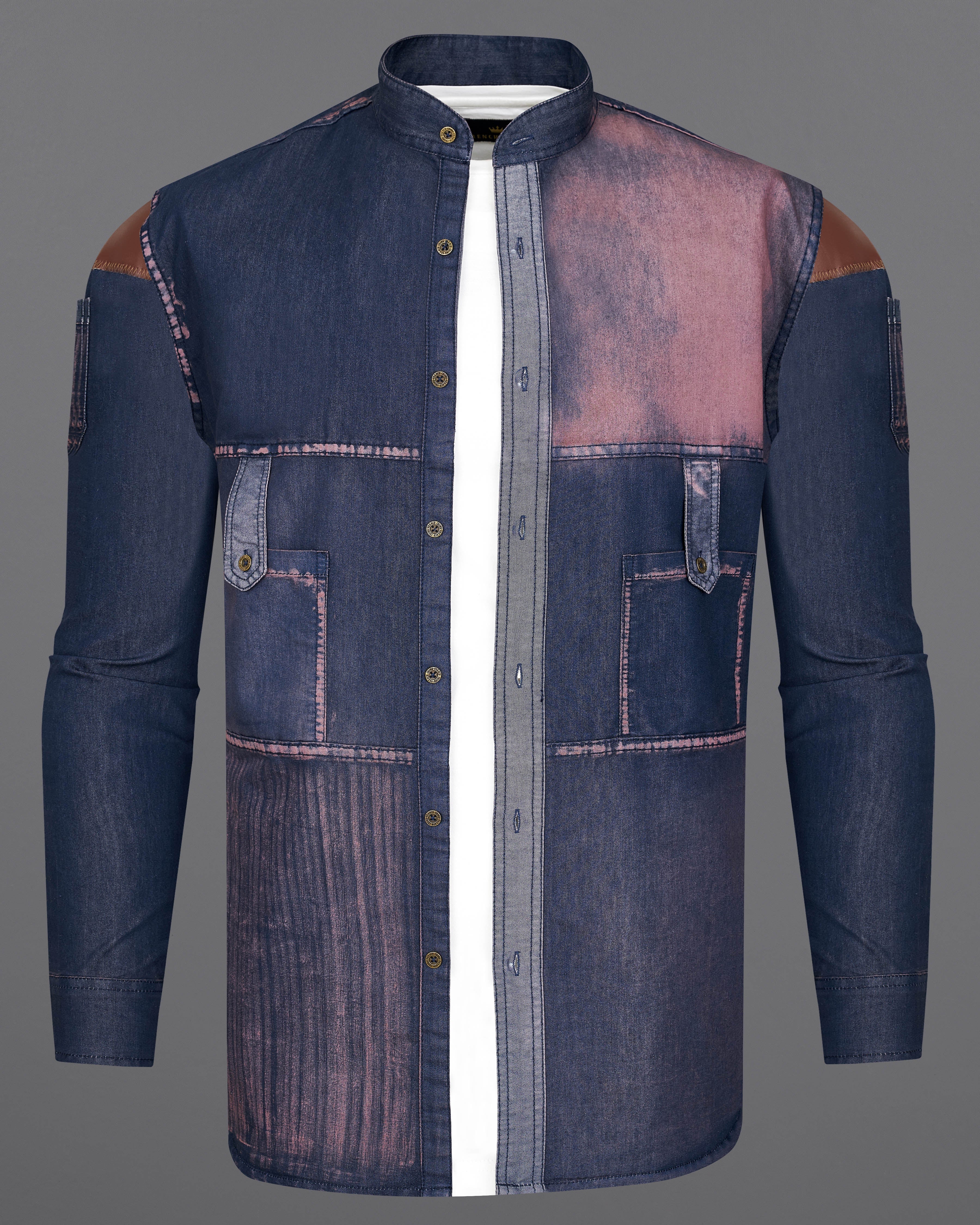 Bunting Blue with Opium Rusted Denim Shirt  With Leather Patch Work 9206-M-MB-38,9206-M-MB-H-38,9206-M-MB-39,9206-M-MB-H-39,9206-M-MB-40,9206-M-MB-H-40,9206-M-MB-42,9206-M-MB-H-42,9206-M-MB-44,9206-M-MB-H-44,9206-M-MB-46,9206-M-MB-H-46,9206-M-MB-48,9206-M-MB-H-48,9206-M-MB-50,9206-M-MB-H-50,9206-M-MB-52,9206-M-MB-H-52