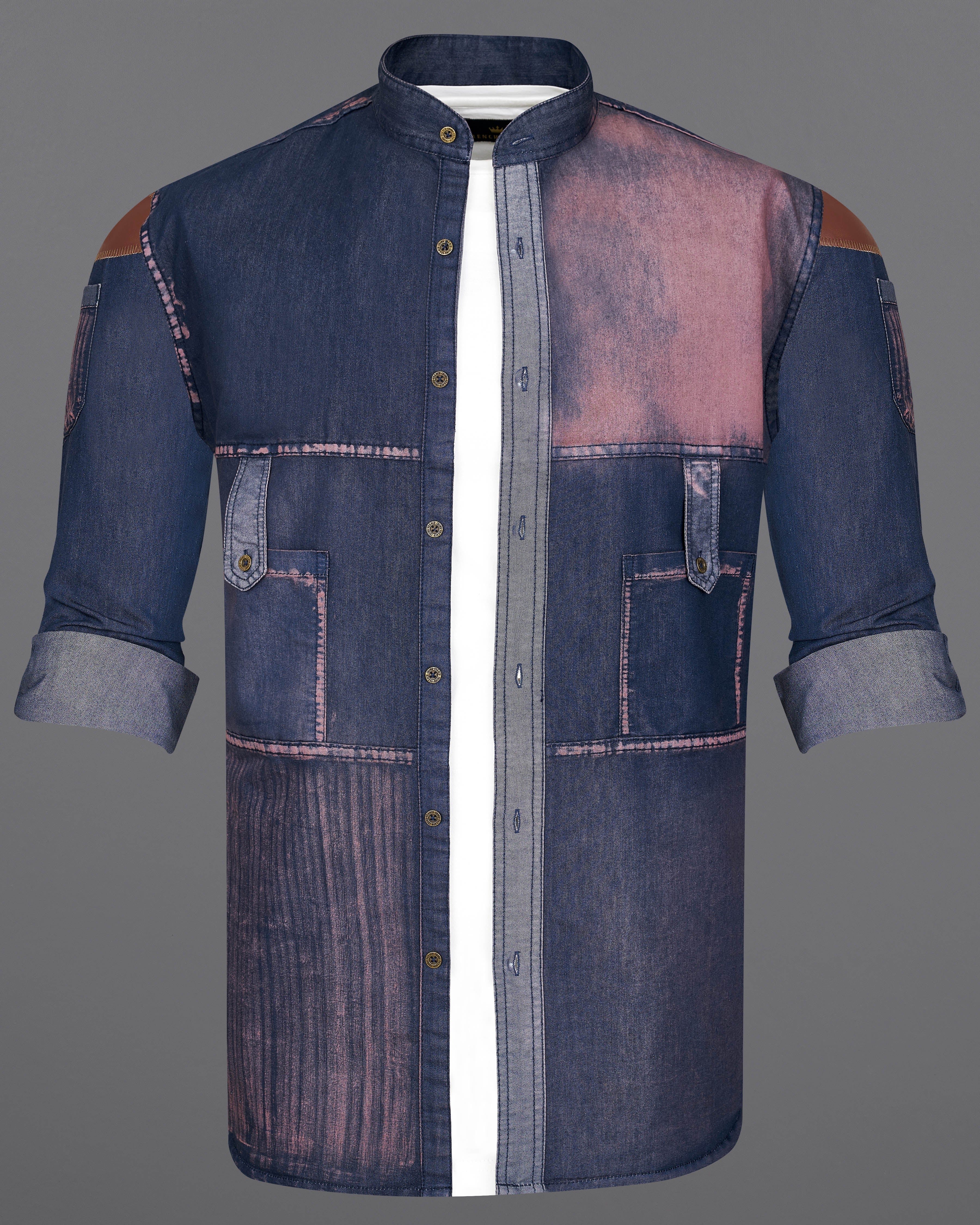 Bunting Blue with Opium Rusted Denim Shirt  With Leather Patch Work 9206-M-MB-38,9206-M-MB-H-38,9206-M-MB-39,9206-M-MB-H-39,9206-M-MB-40,9206-M-MB-H-40,9206-M-MB-42,9206-M-MB-H-42,9206-M-MB-44,9206-M-MB-H-44,9206-M-MB-46,9206-M-MB-H-46,9206-M-MB-48,9206-M-MB-H-48,9206-M-MB-50,9206-M-MB-H-50,9206-M-MB-52,9206-M-MB-H-52