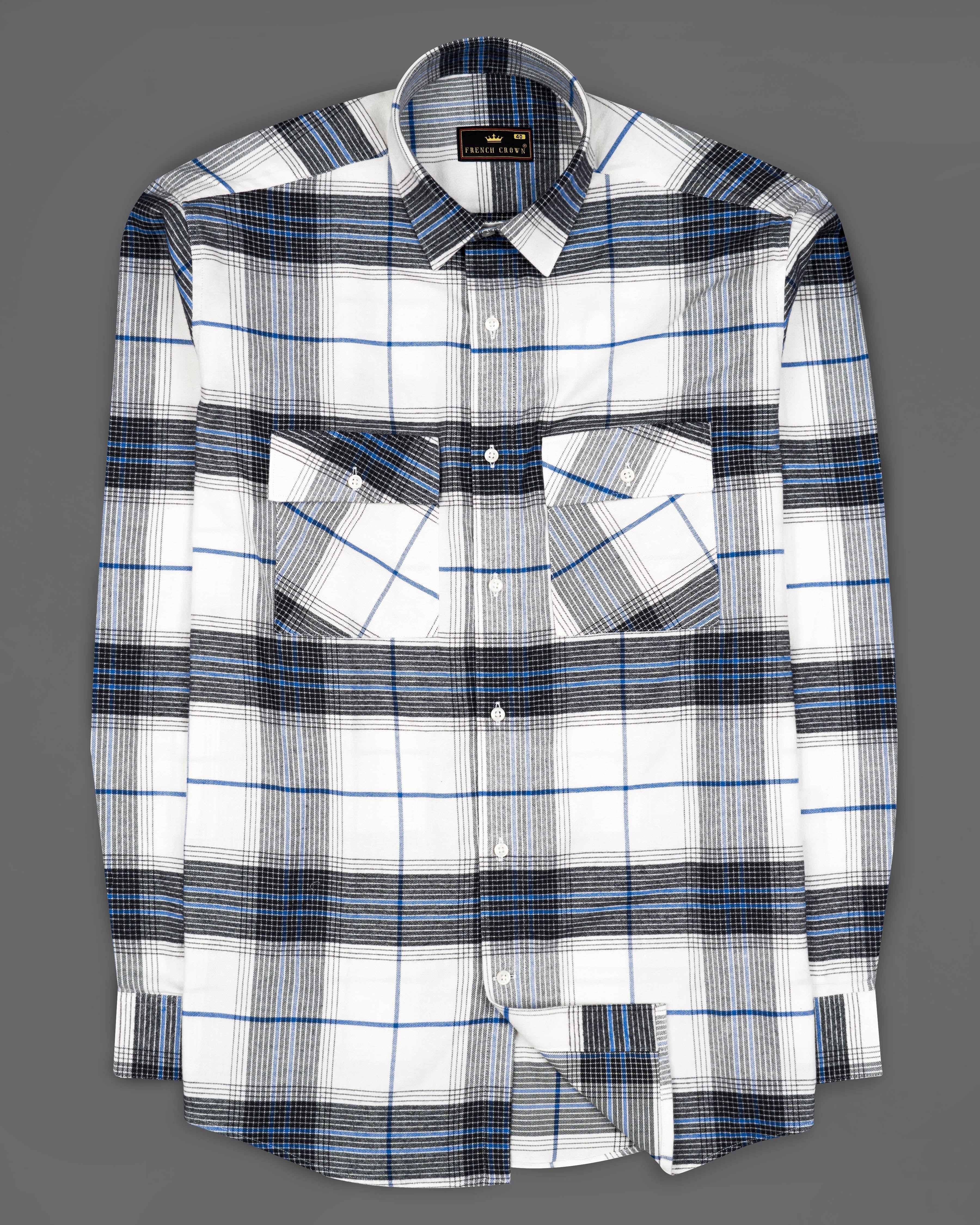 Bright White with Zeus Black and Brandeis Blue Plaid Flannel Overshirt 9229-OS-P131-38,9229-OS-P131-H-38,9229-OS-P131-39,9229-OS-P131-H-39,9229-OS-P131-40,9229-OS-P131-H-40,9229-OS-P131-42,9229-OS-P131-H-42,9229-OS-P131-44,9229-OS-P131-H-44,9229-OS-P131-46,9229-OS-P131-H-46,9229-OS-P131-48,9229-OS-P131-H-48,9229-OS-P131-50,9229-OS-P131-H-50,9229-OS-P131-52,9229-OS-P131-H-52