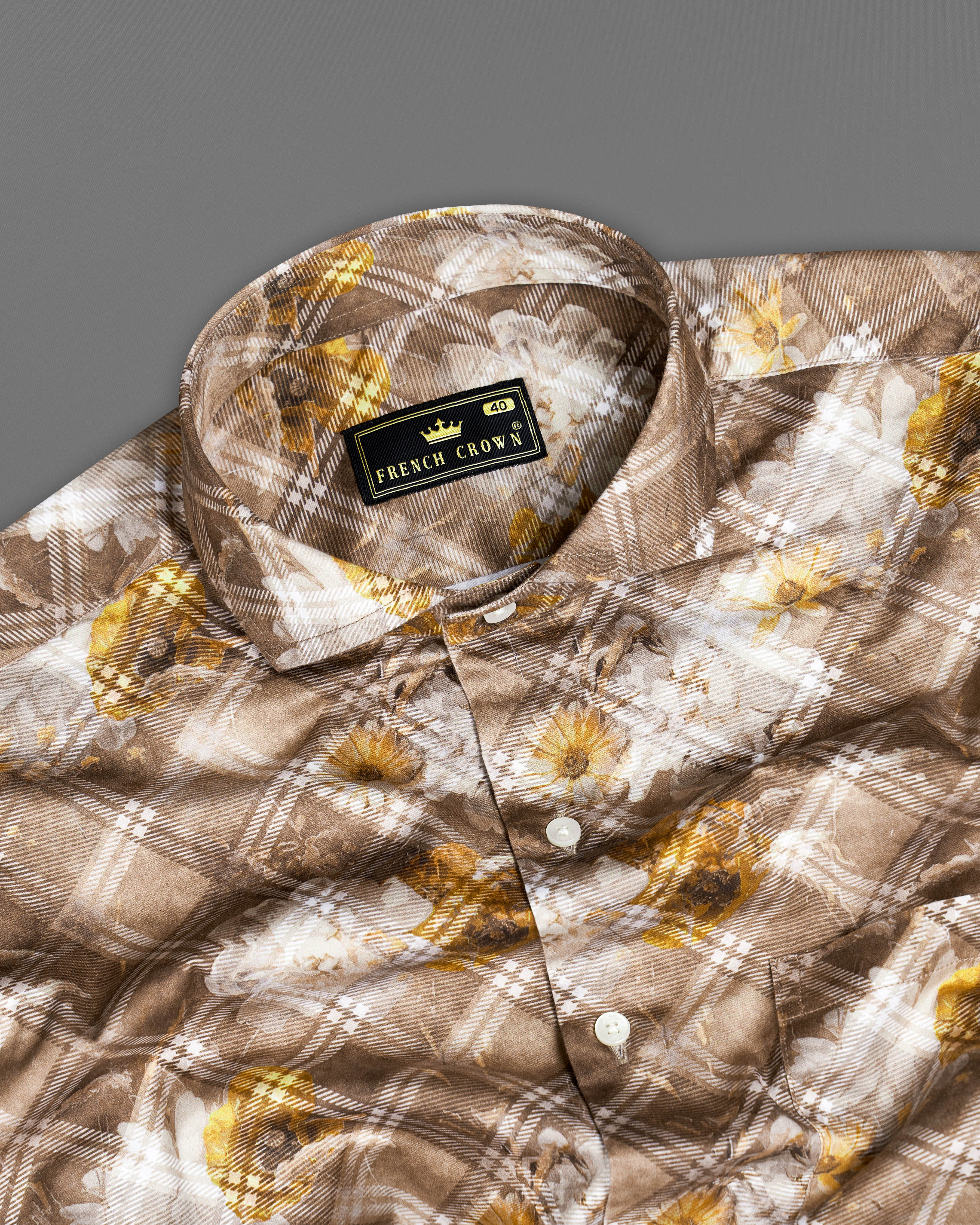 Ferra with Dull Brown Diagonally Checkered with Floral Printed Super Soft Premium Cotton Shirt 9274-CA-38,9274-CA-H-38,9274-CA-39,9274-CA-H-39,9274-CA-40,9274-CA-H-40,9274-CA-42,9274-CA-H-42,9274-CA-44,9274-CA-H-44,9274-CA-46,9274-CA-H-46,9274-CA-48,9274-CA-H-48,9274-CA-50,9274-CA-H-50,9274-CA-52,9274-CA-H-52